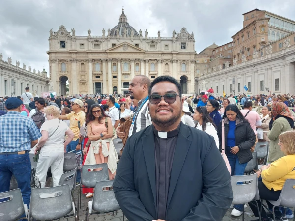 Father Rolmart Verano, from the Diocese of Surigao, Philippines, tells CNA at the general audience on May 21, 2025, that it was a dream come true for him to travel to Rome and see the pope. Credit: Kristina Millare/CNA