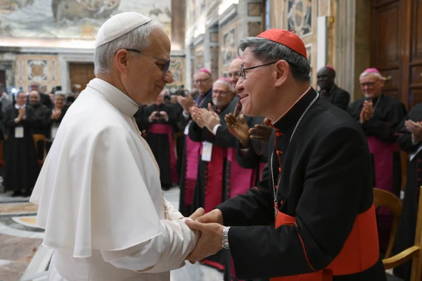 Pope Leo XIV greets Cardinal Luis Antonio Tagle during a meeting with members of the Pontifical Missions Societies on May 22, 2025, at the Vatican. Credit: Vatican Media
