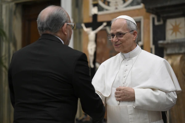 Pope Leo XIV greets members of the diplomatic corps accredited to the Holy See in an audience on Friday, May 16, 2025, in the Clementine Hall at the Vatican. Credit: Vatican Media
