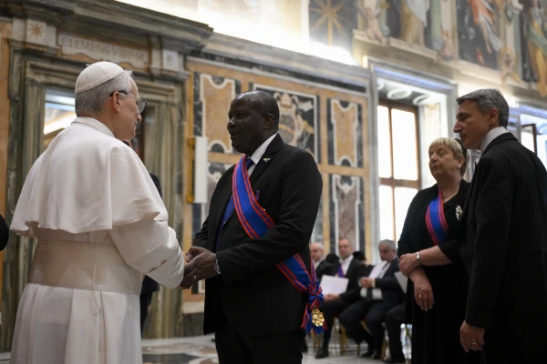 Pope Leo XIV greets members of the diplomatic corps accredited to the Holy See in an audience on Friday, May 16, 2025, in the Clementine Hall at the Vatican. Credit: Vatican Media