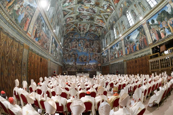 Pope Leo XIV celebrates at Mass with the cardinal electors in the Sistine Chapel on May 9, 2025. Credit: Vatican Media
