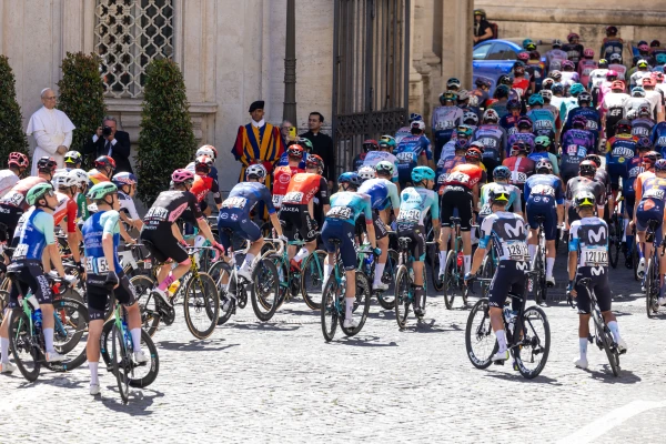 Pope Leo XIV watches as 159 world-class cyclists start a ride through Vatican City before the last stage of the Giro d'Italia competition on June 1, 2025. Credit: Daniel Ibáñez/EWTN News/Vatican Pool