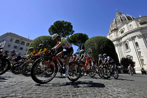 Cyclists of the Giro d'Italia started a 1.8-mile noncompetitive ride through the Vatican from Petriano Square, just south of St. Peter’s Basilica inside the city state, where Pope Leo XIV greeted the athletes at the starting line, on June 1, 2025. Credit: Vatican Media