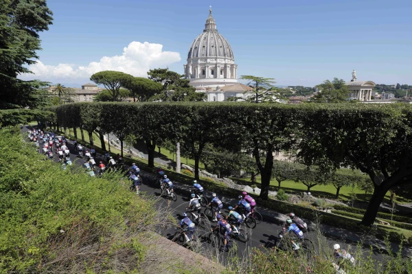 Giro d'Italia cyclists take in breathtaking views of St. Peter's Basilica and dome from inside Vatican City during a noncompetitive ride before the last leg of the international multistage race in Rome on June 1, 2025. Credit: Vatican Media