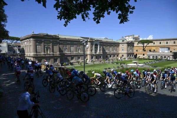 The Giro d'Italia athletes ride through the Vatican Gardens, past the Vatican Museums, to arrive at the heliport, the highest, westernmost point of the Vatican City territory during a noncompetitive ride before the last leg of the race on June 1, 2025. Credit: Vatican Media