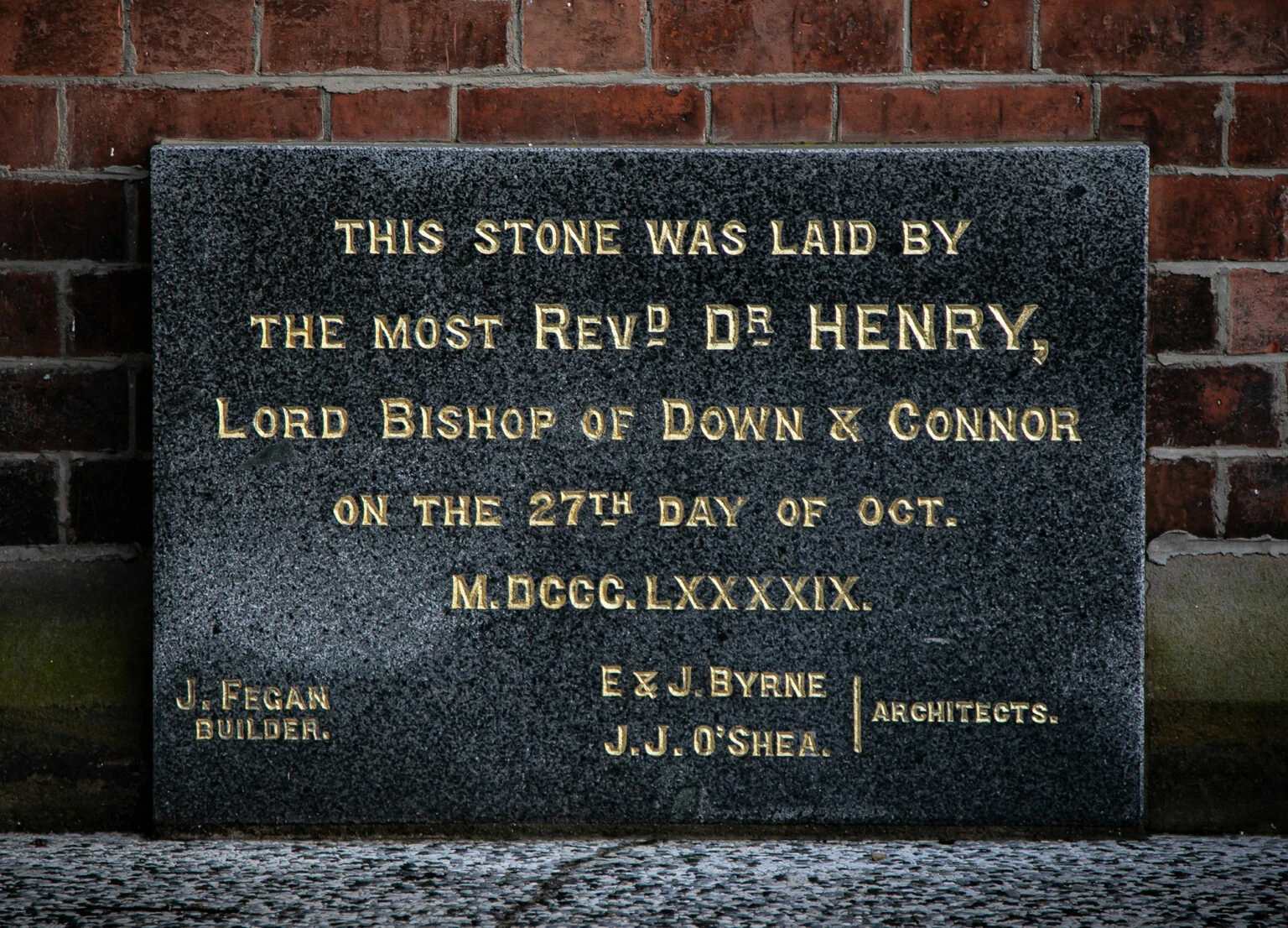 A foundation stone at St. Mary's University College in Belfast, Northern Ireland, records that it was laid by Bishop Henry Henry, bishop of Down and Connor, on Oct. 27, 1899. Credit: St. Mary's University College