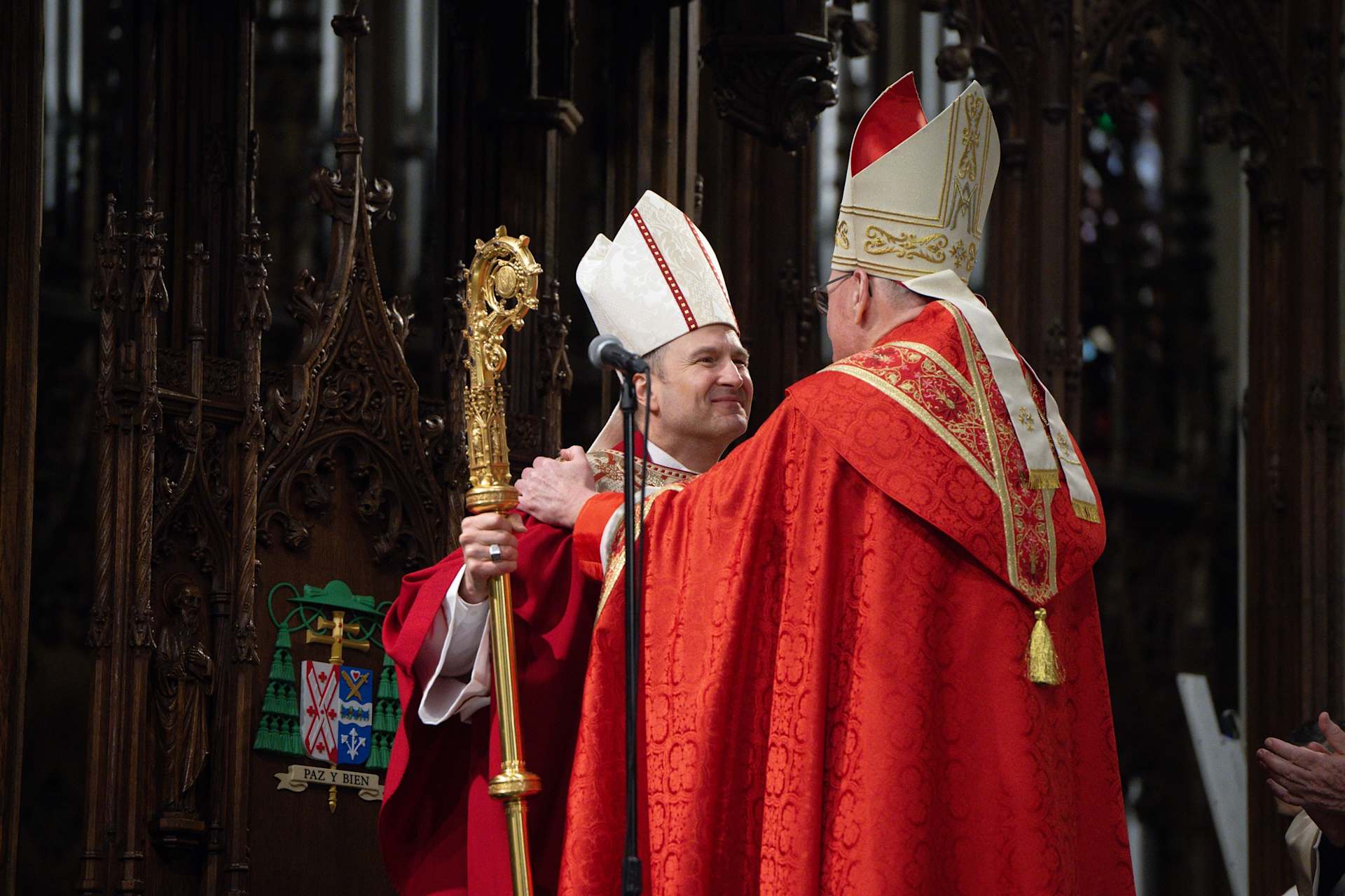 Cardinal Timothy Dolan welcomes his successor, Archbishop Ronald Hicks, on Feb. 6, 2026, at St. Patrick’s Cathedral in New York City. | Credit: Jeffrey Bruno/EWTN News