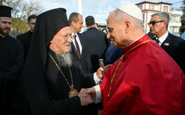 Pope Leo XIV greets Bartholomew I in Iznik during his trip to Turkey in November 2025. Credit: Vatican Media