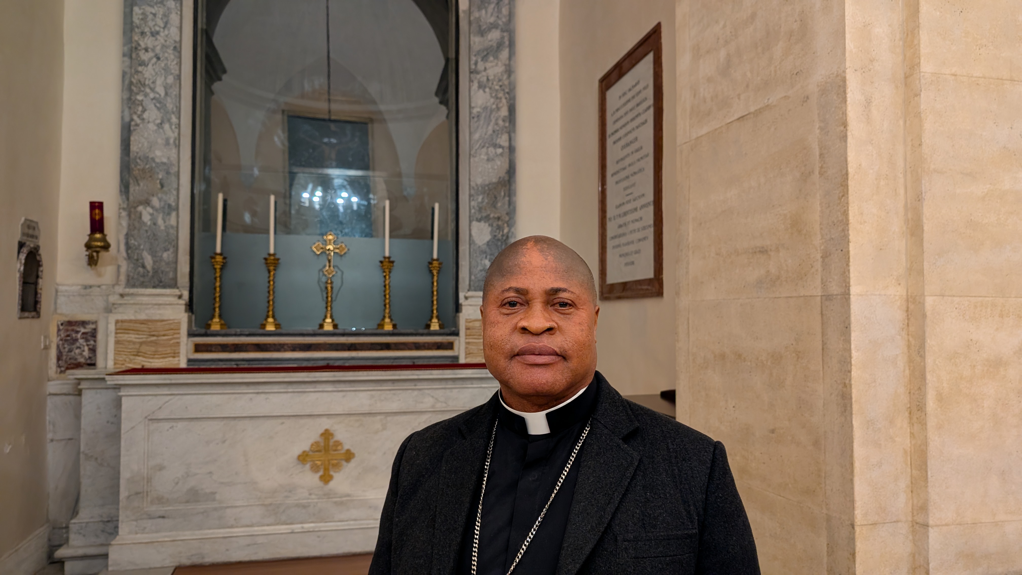 Cardinal Peter Okpaleke, bishop of Ekwulobia, Nigeria, speaks to EWTN News in the sacristy of the Basilica of St. Paul Outside the Walls in Rome on March 4, 2026. | Credit: Ishmael Adibuah/EWTN News