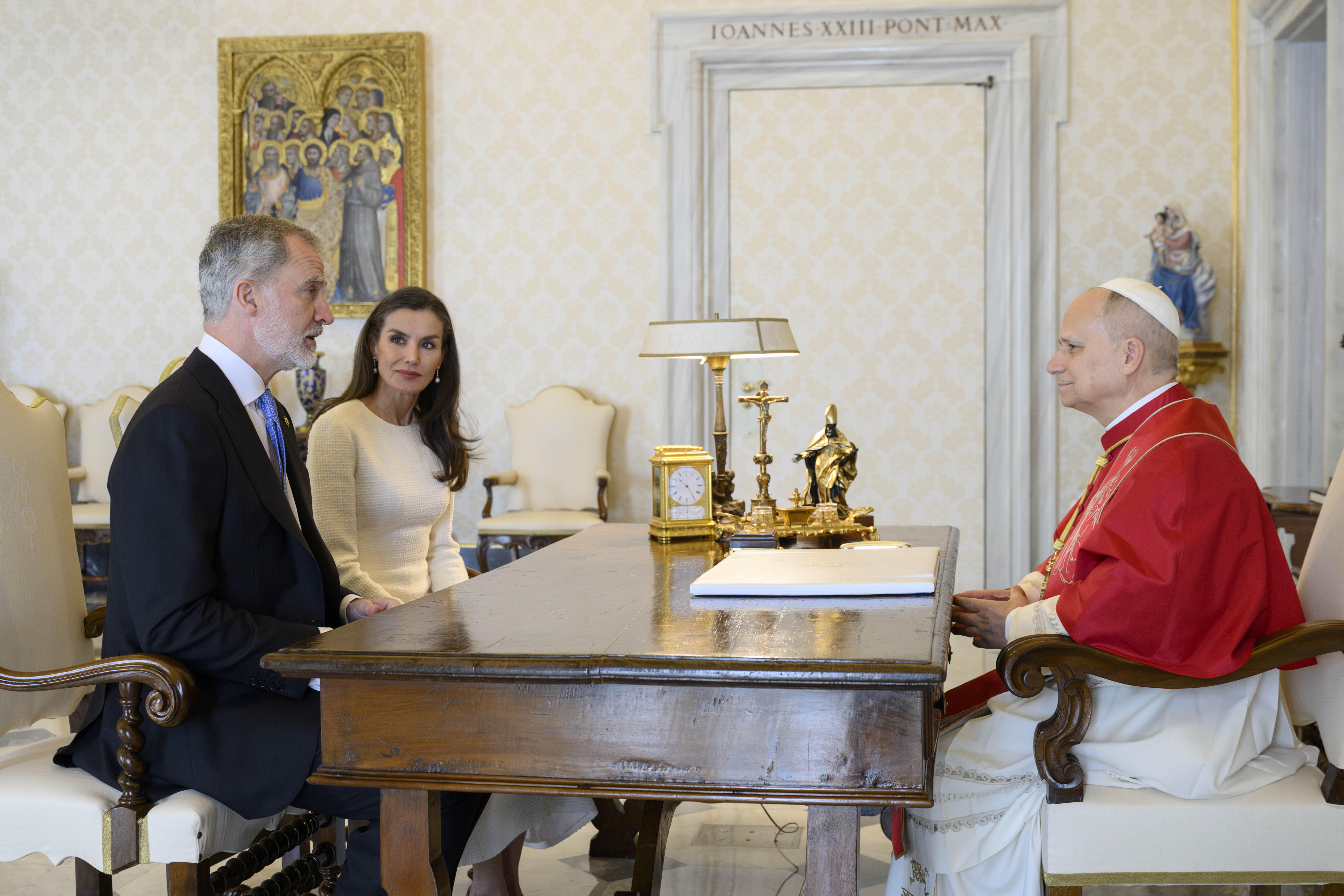 King Felipe VI and Queen Letizia of Spain meet Pope Leo XIV at the Vatican on March 20, 2026. | Credit: Vatican Media