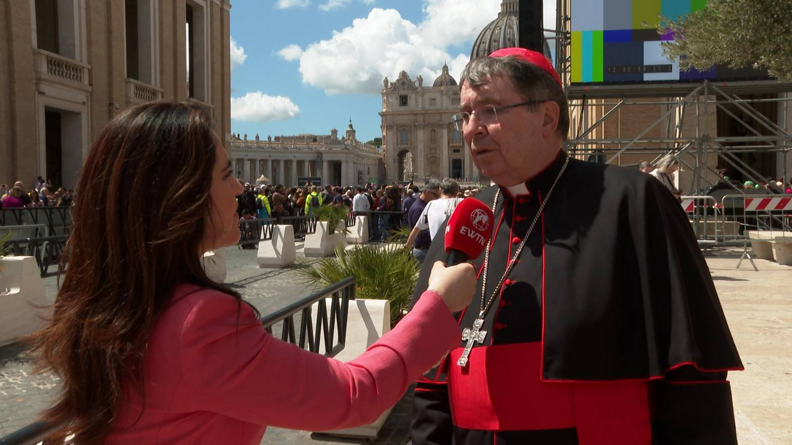 Cardinal Christophe Pierre speaks to EWTN News President and COO Montse Alvarado in Rome on Friday, April 25, 2025. - Credit: EWTN News