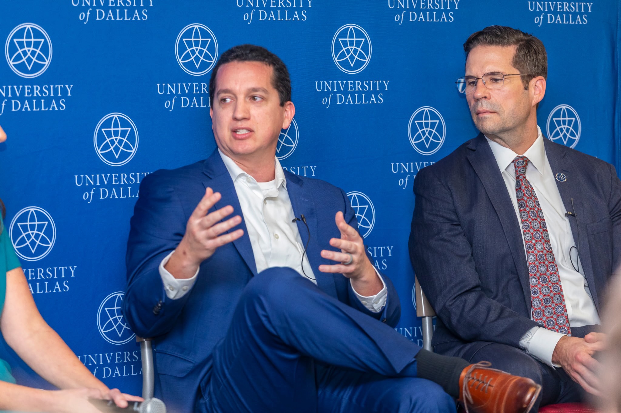 Trent Horn (left), an apologist at Catholic Answers, and University of Dallas President Jonathan Sanford participate in a panel on American exceptionalism at the University of Dallas on March 4, 2026. | Credit: Courtesy of University of Dallas Young Americans for Freedom Chapter