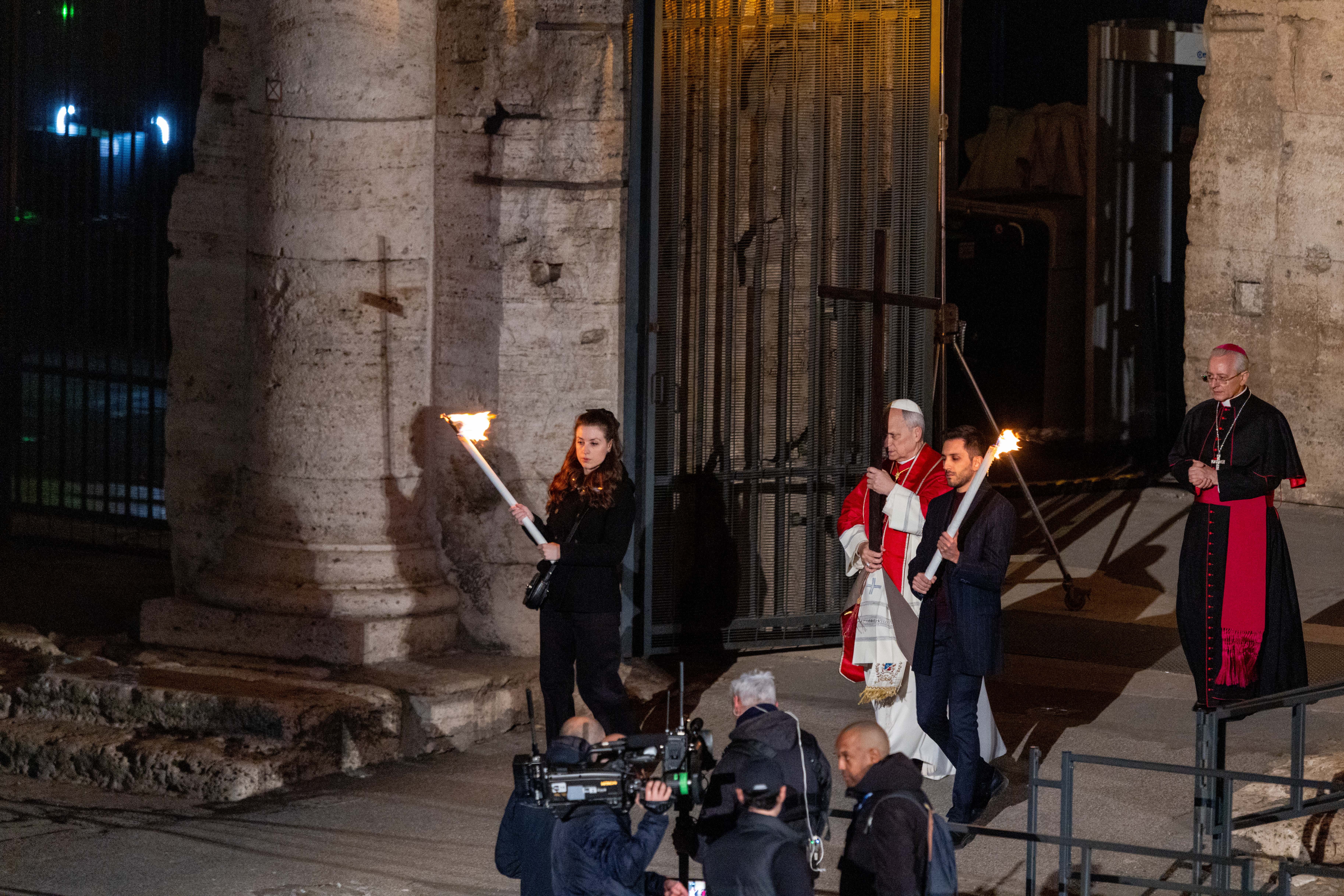Pope Leo XIV carries the cross during the Via Crucis at the Colosseum in Rome, Friday, April 3, 2026. | Credit: Daniel Ibáñez/EWTN News