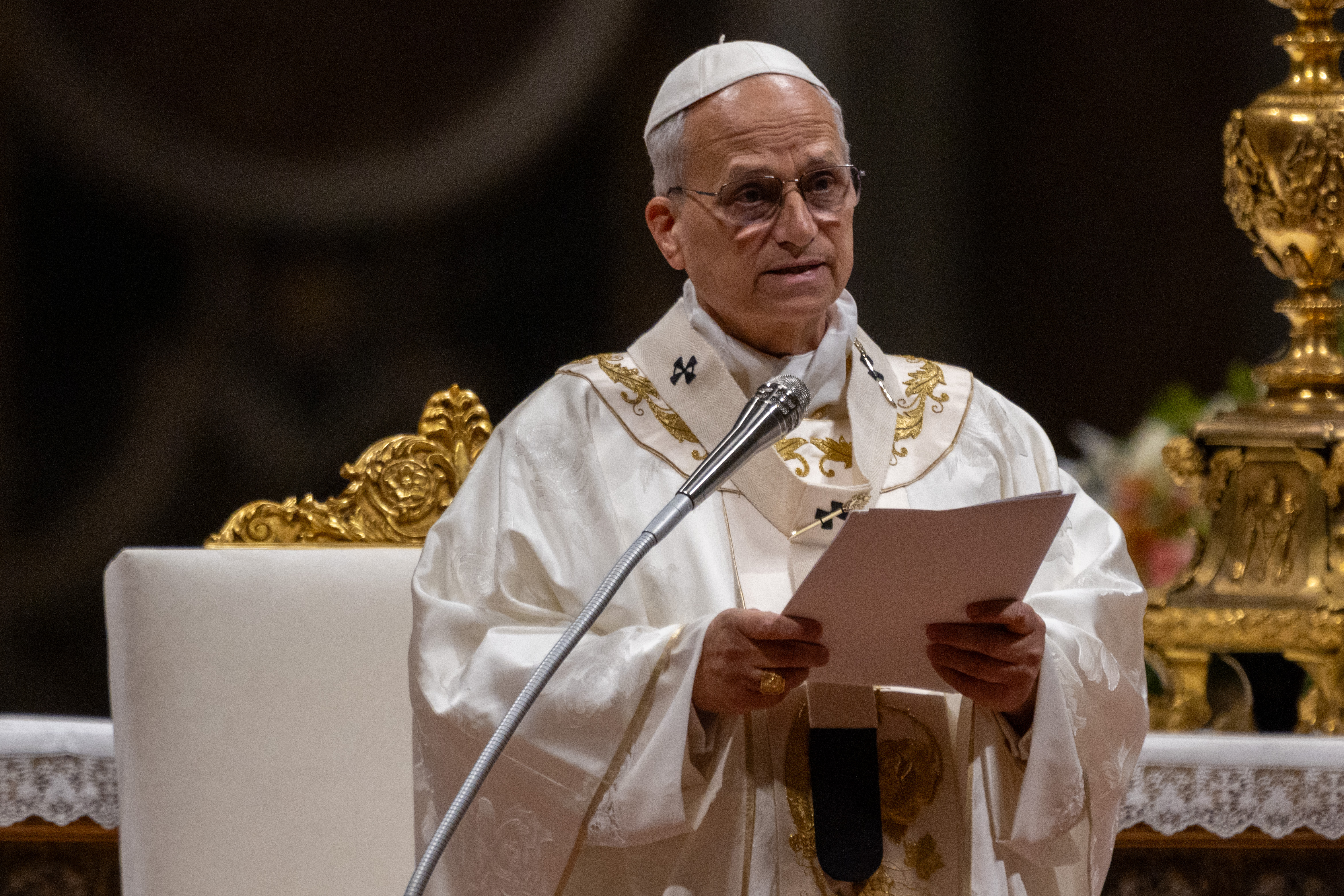 Pope Leo XIV presides over the Easter Vigil at St. Peter’s Basilica, Saturday, April 4, 2026. | Credit: Daniel Ibáñez/EWTN News