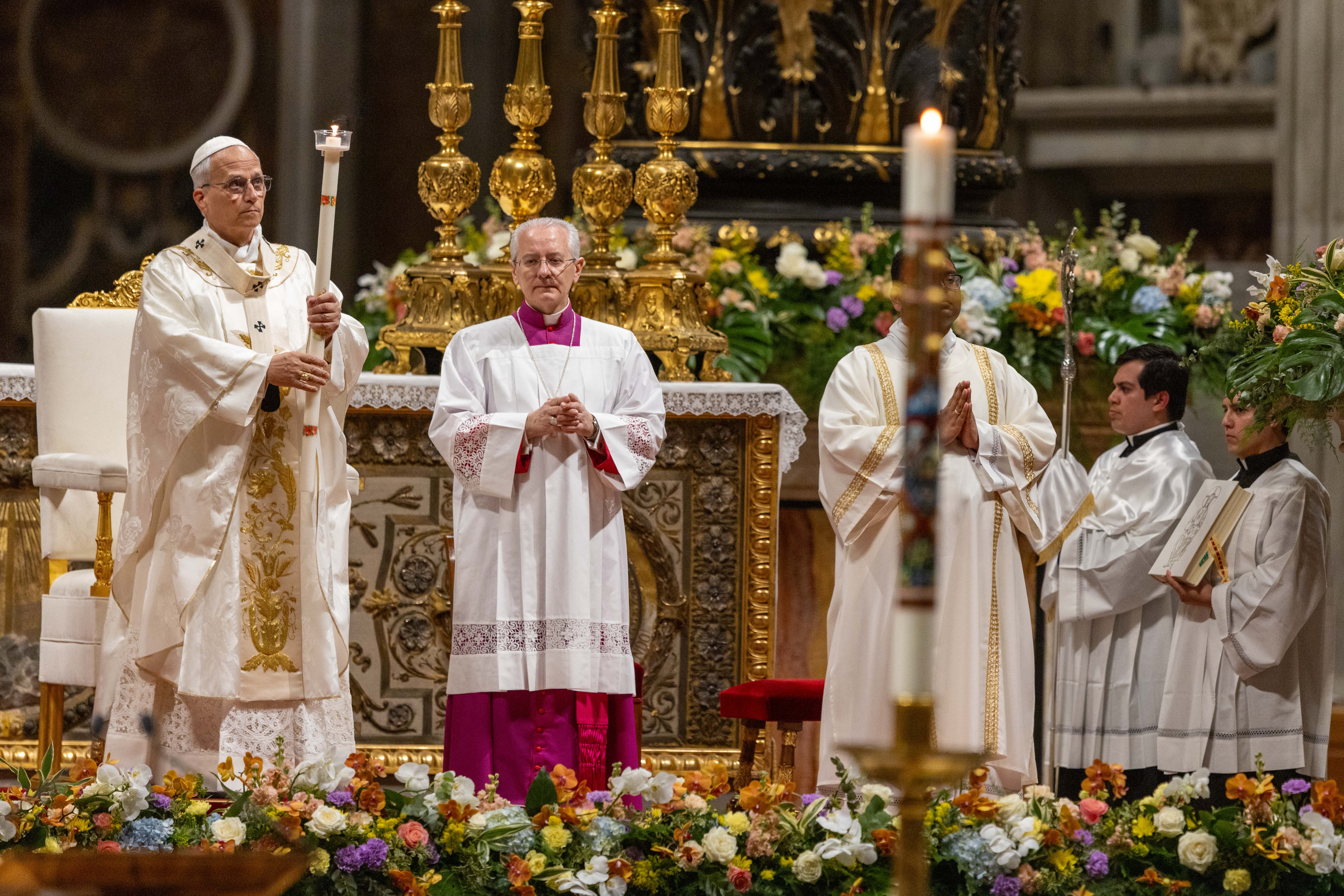Pope Leo XIV presides over the Easter Vigil at St. Peter’s Basilica, Saturday, April 4, 2026. | Credit: Daniel Ibáñez/EWTN News