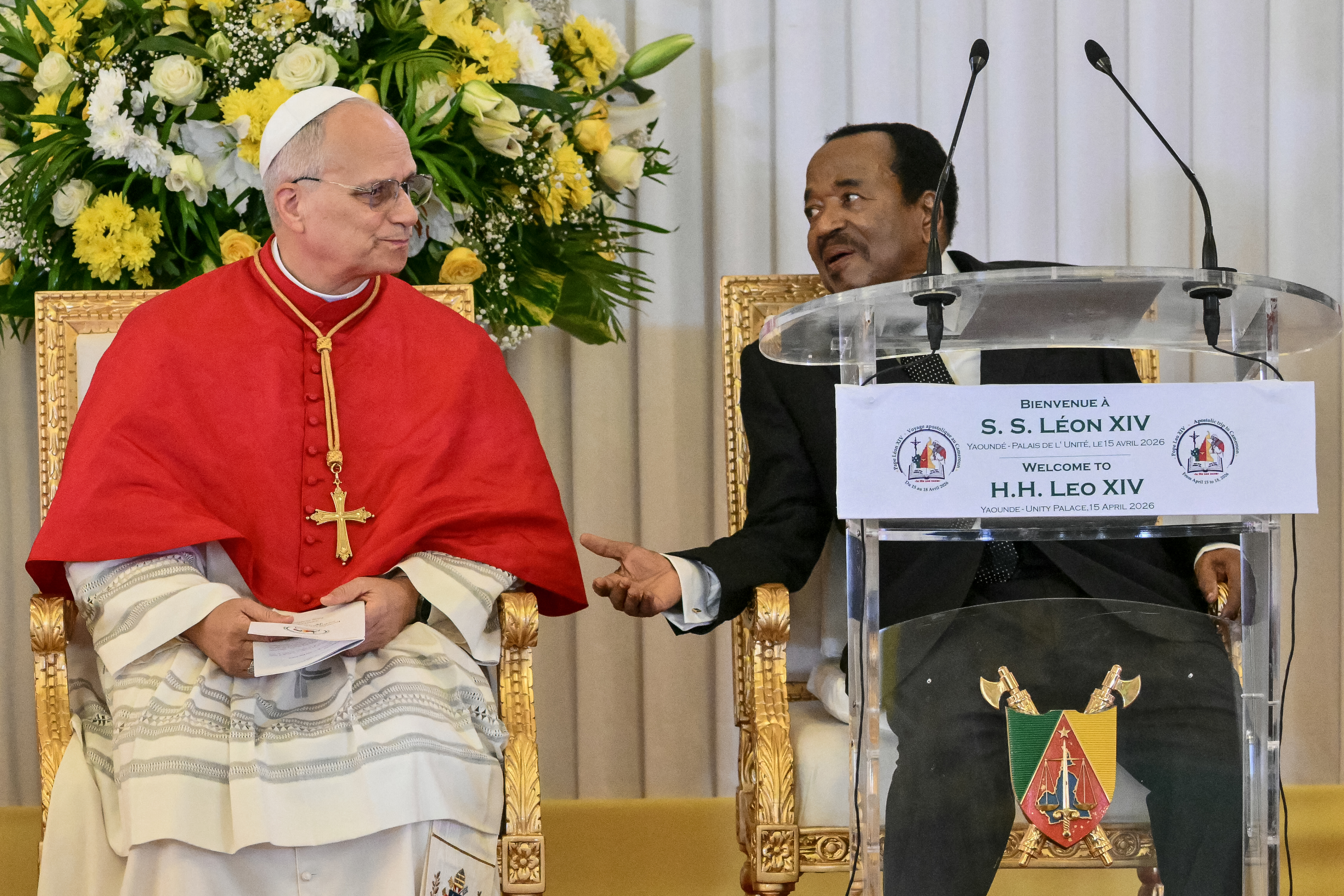 Pope Leo XIV meets with Cameroon President Paul Biya at the Presidential Palace in Yaounde on the third day of an 11-day apostolic journey to Africa, Wednesday, April 15, 2026. | Credit: Alberto PIZZOLI/AFP via Getty Images