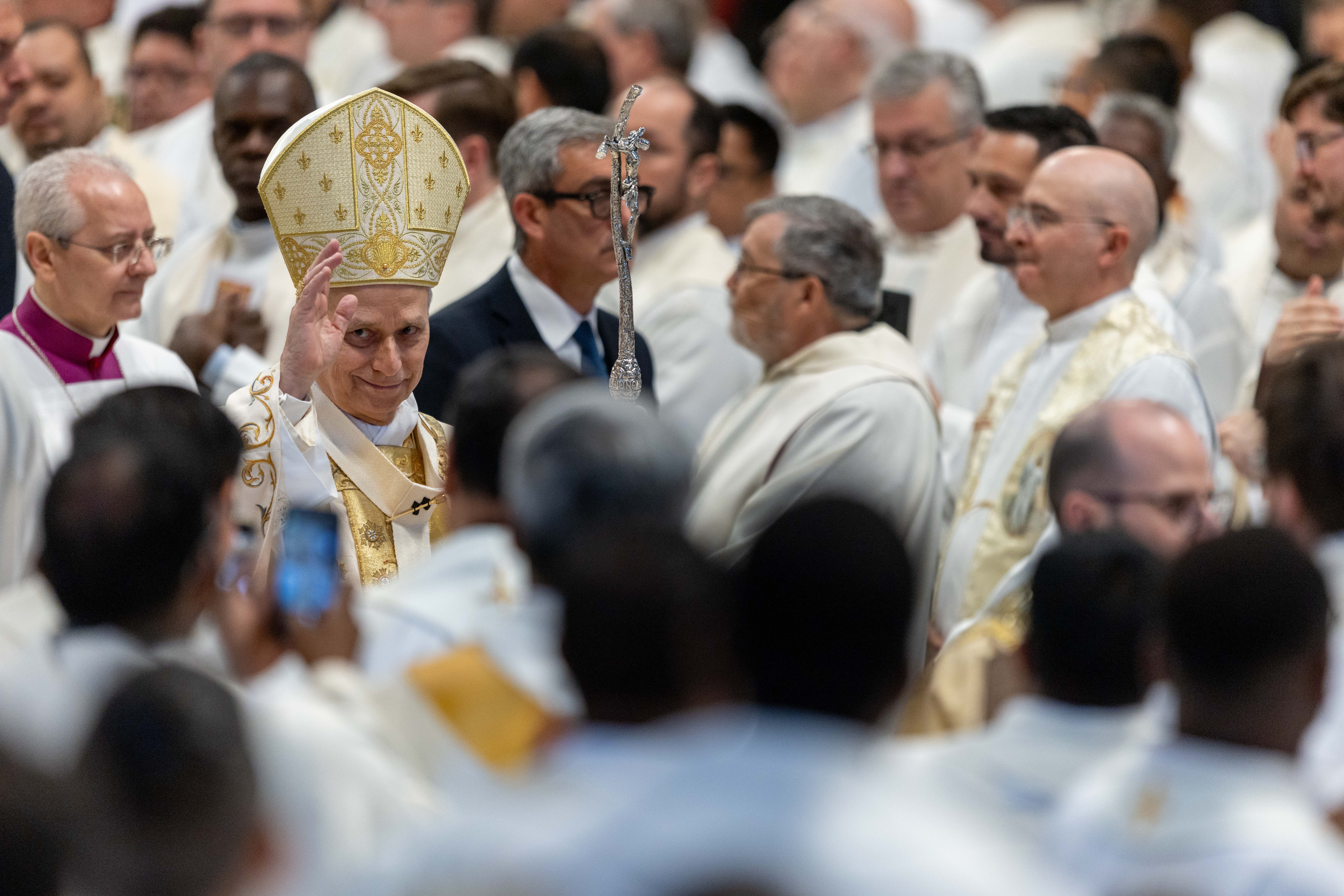 Pope Leo XIV greets clergy at a chrism Mass at the Vatican on Holy Thursday, April 2, 2026. | Credit: Daniel Ibáñez/EWTN News