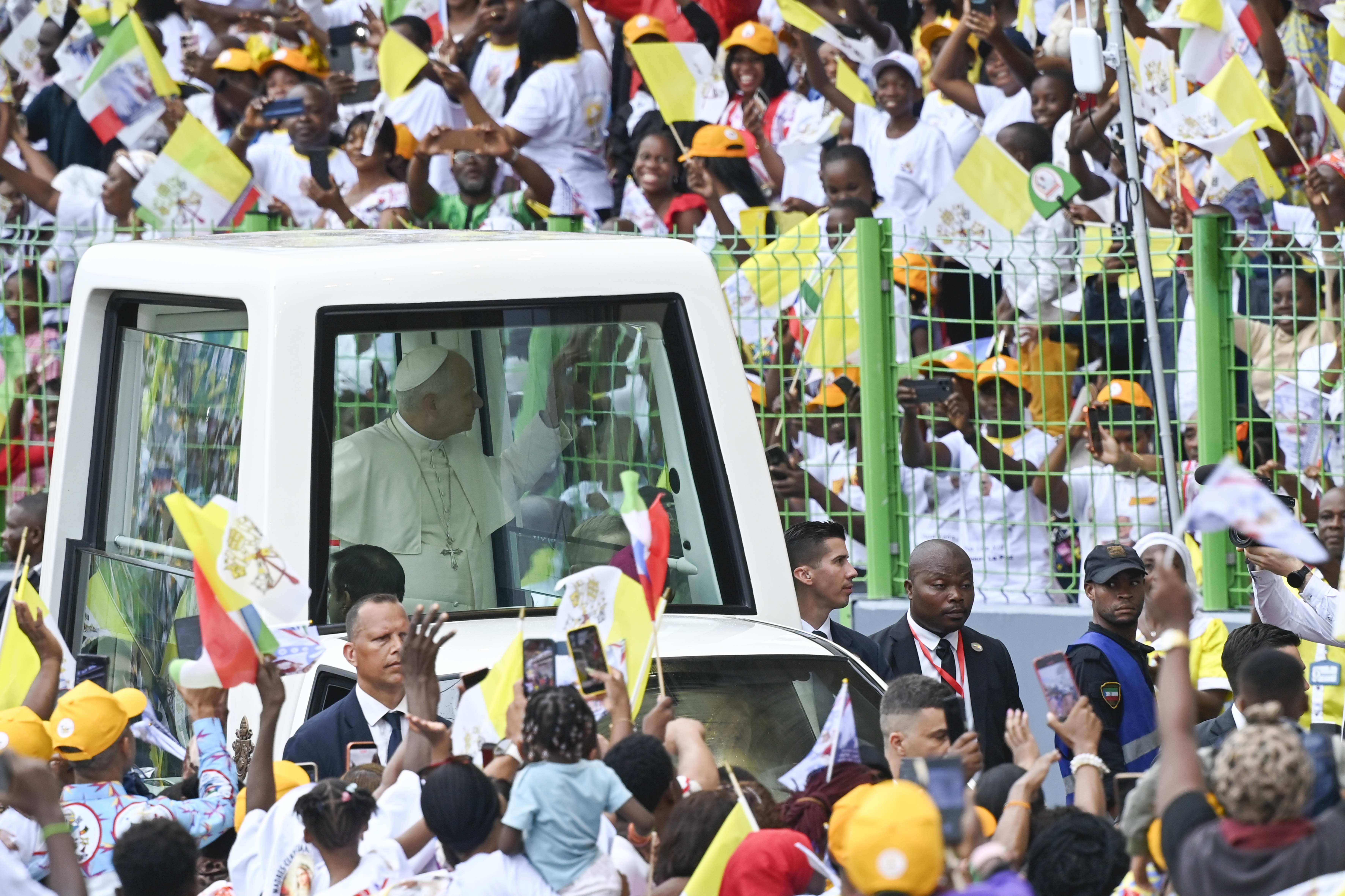 Pope Leo XIV waves from the popemobile at Malabo Stadium in Equatorial Guinea, Thursday, April 23, 2026. | Credit: Vatican Media