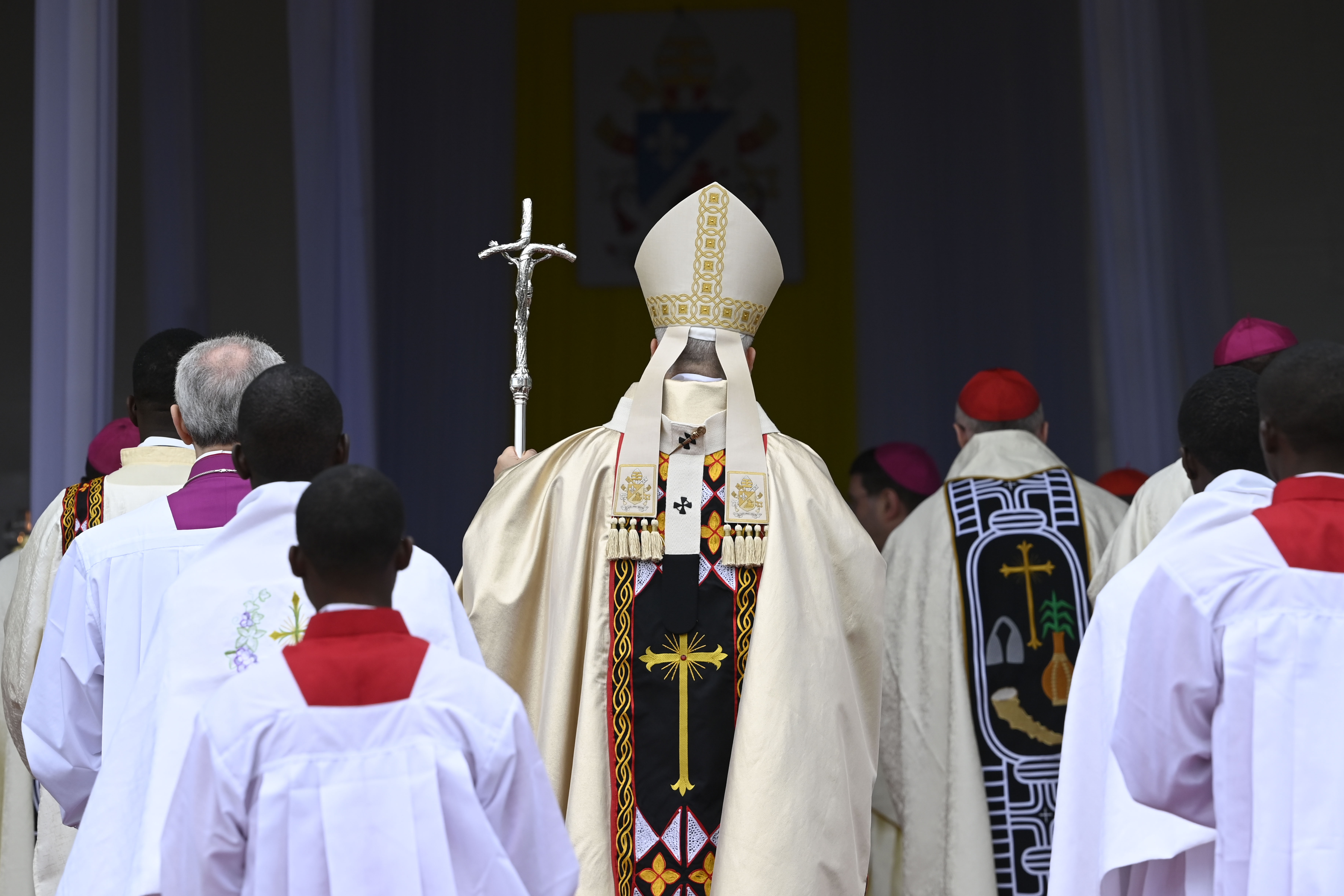 Pope Leo XIV processes during Mass at Bamenda Airport in Cameroon on Thursday, April 16, 2026. | Credit: Vatican Media