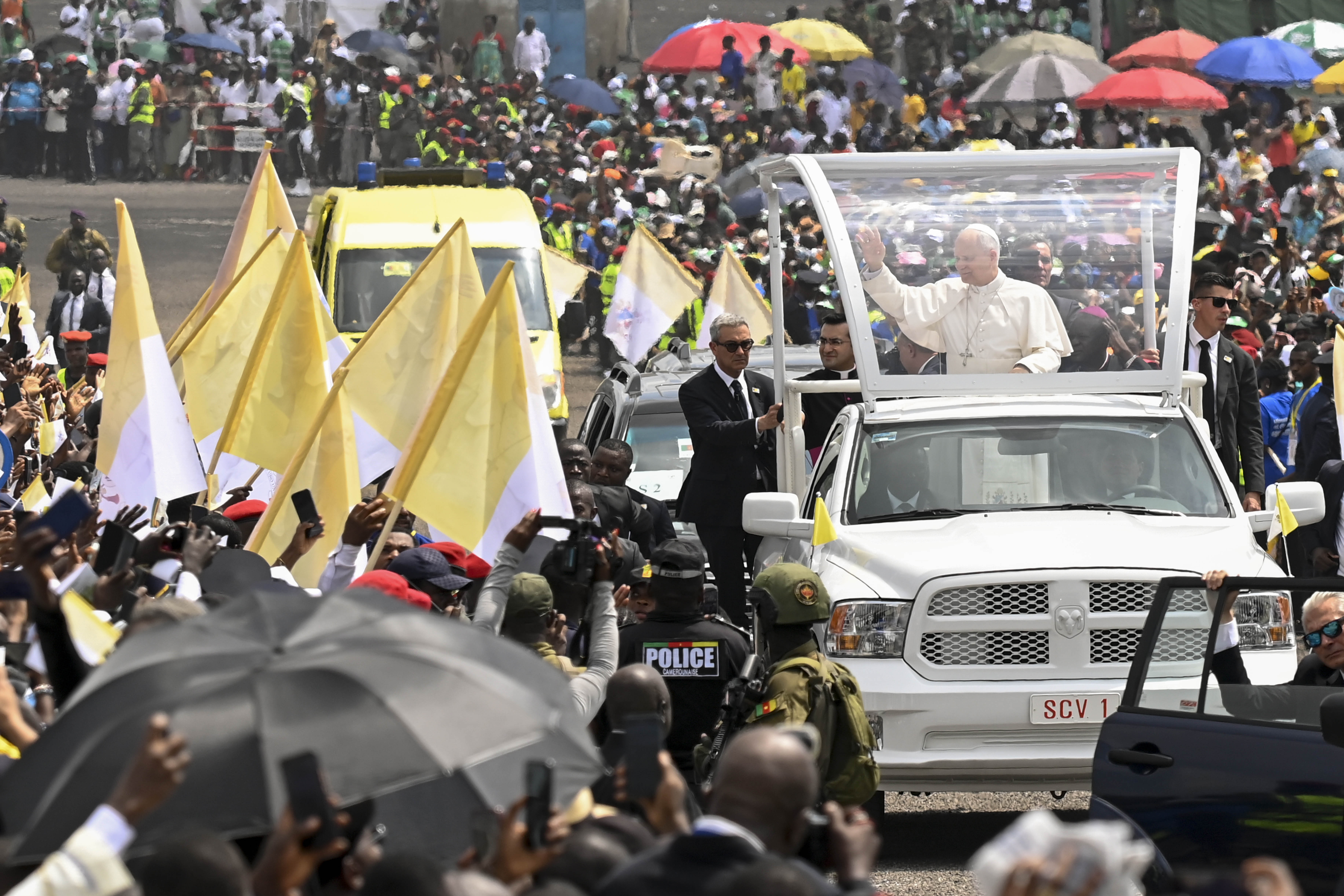 Pope Leo XIV greets crowds in Douala, Cameroon, on Friday, April 17, 2026. | Credit: Vatican Media