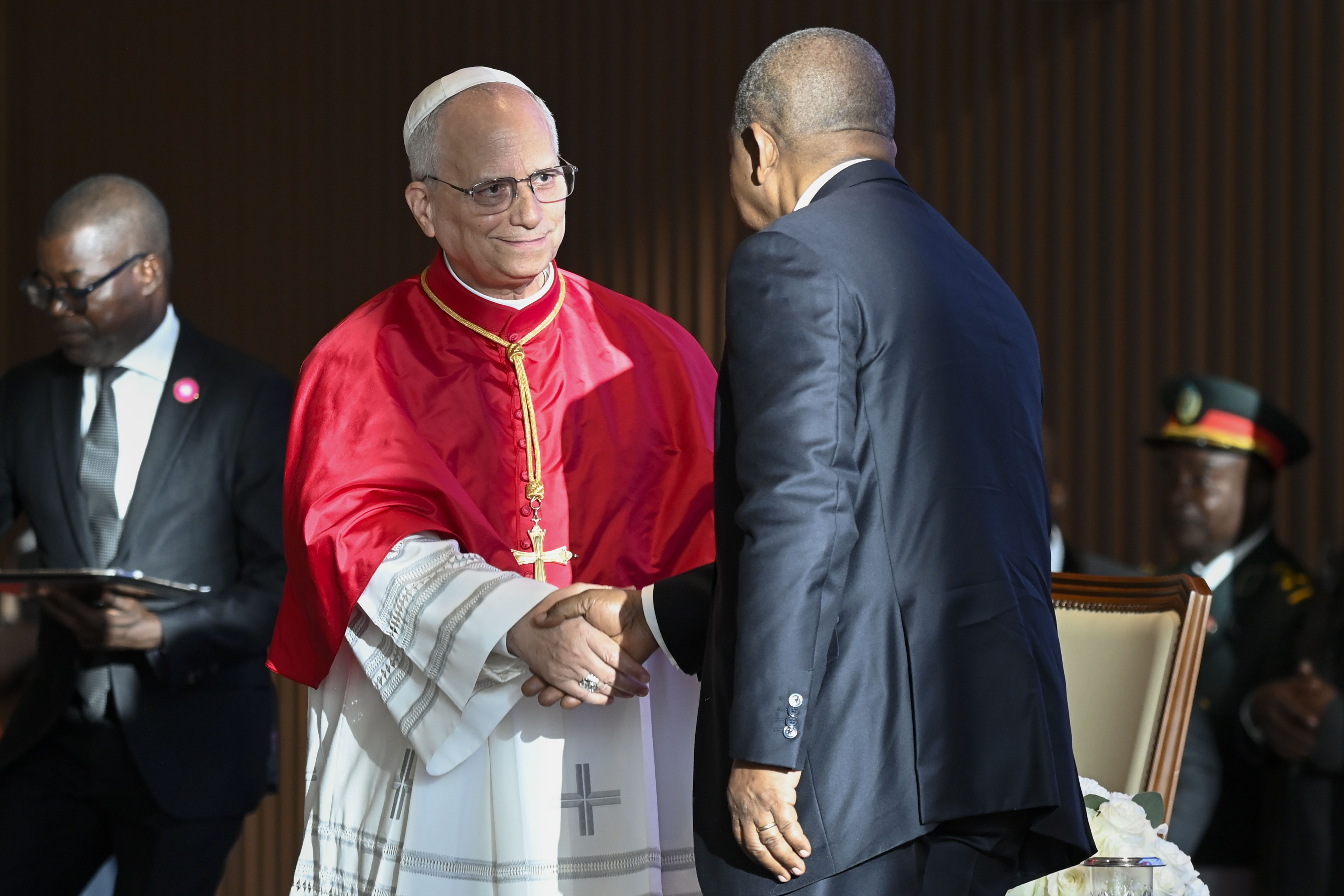 Pope Leo XIV shakes hands with Angolan President João Manuel Gonçalves Lourenço during a meeting with government officials and civil leaders in Luanda, Angola, Saturday, April 18, 2026. | Credit: Vatican Media