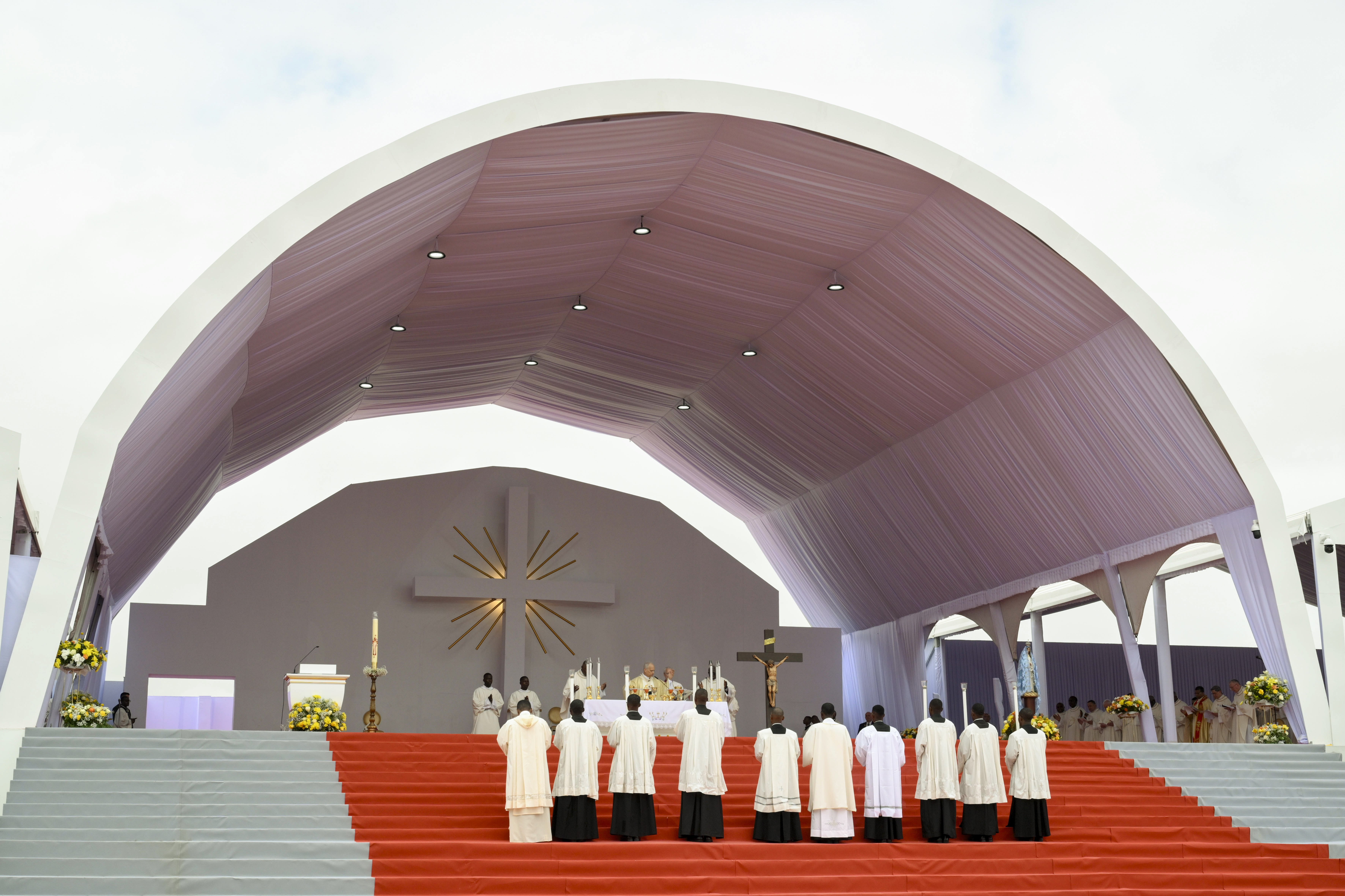 Pope Leo XIV celebrates Mass in Kilamba, Angola, on April 19, 2026. About 100,000 faithful packed the large esplanade where the Eucharistic celebration took place. | Credit: Vatican Media
