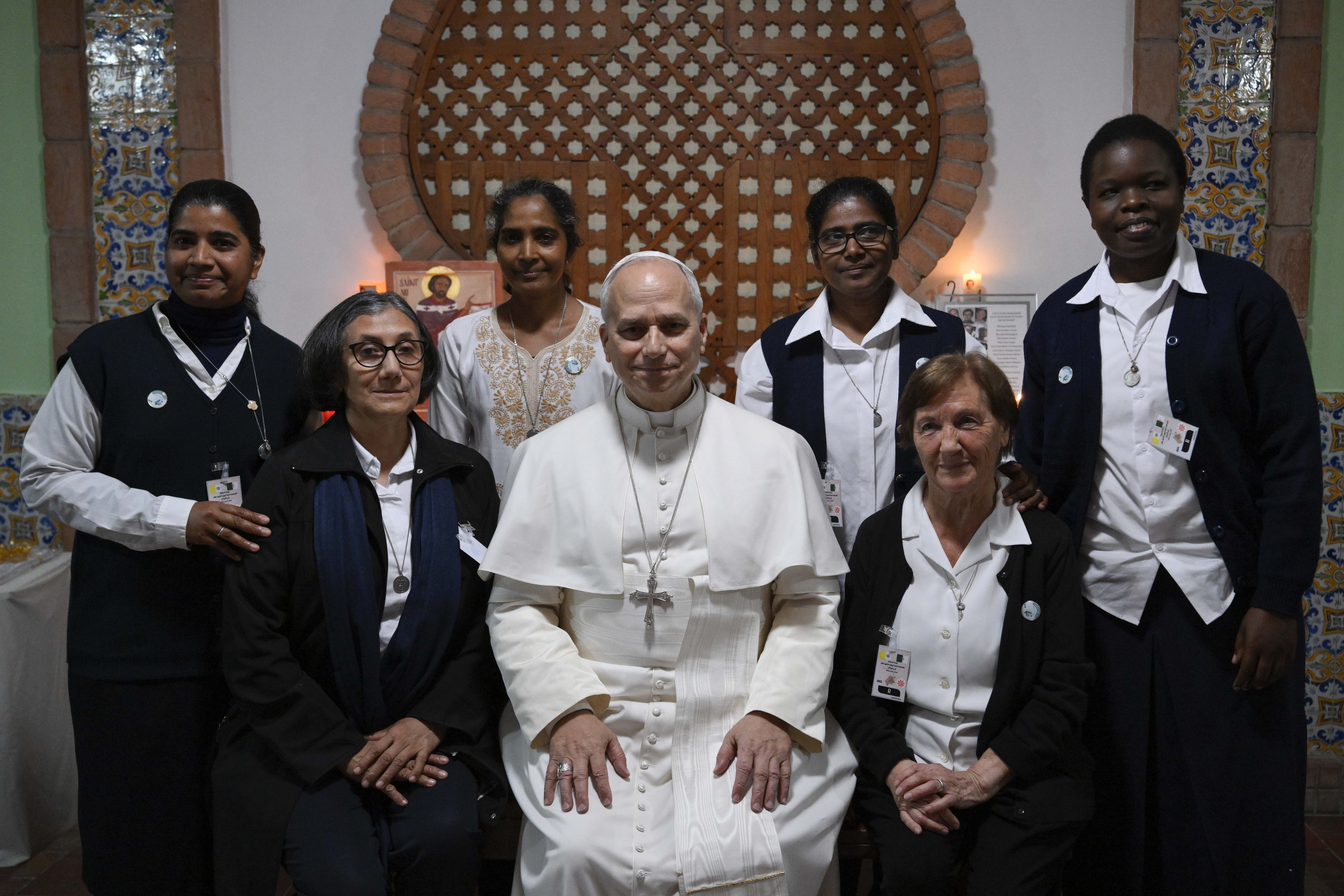 Pope Leo XIV meets with members of the Augustinian Missionary Sisters’ Center for Hospitality and Friendship near Algiers, Algeria, Monday, April 13, 2026. | Credit: Vatican Media