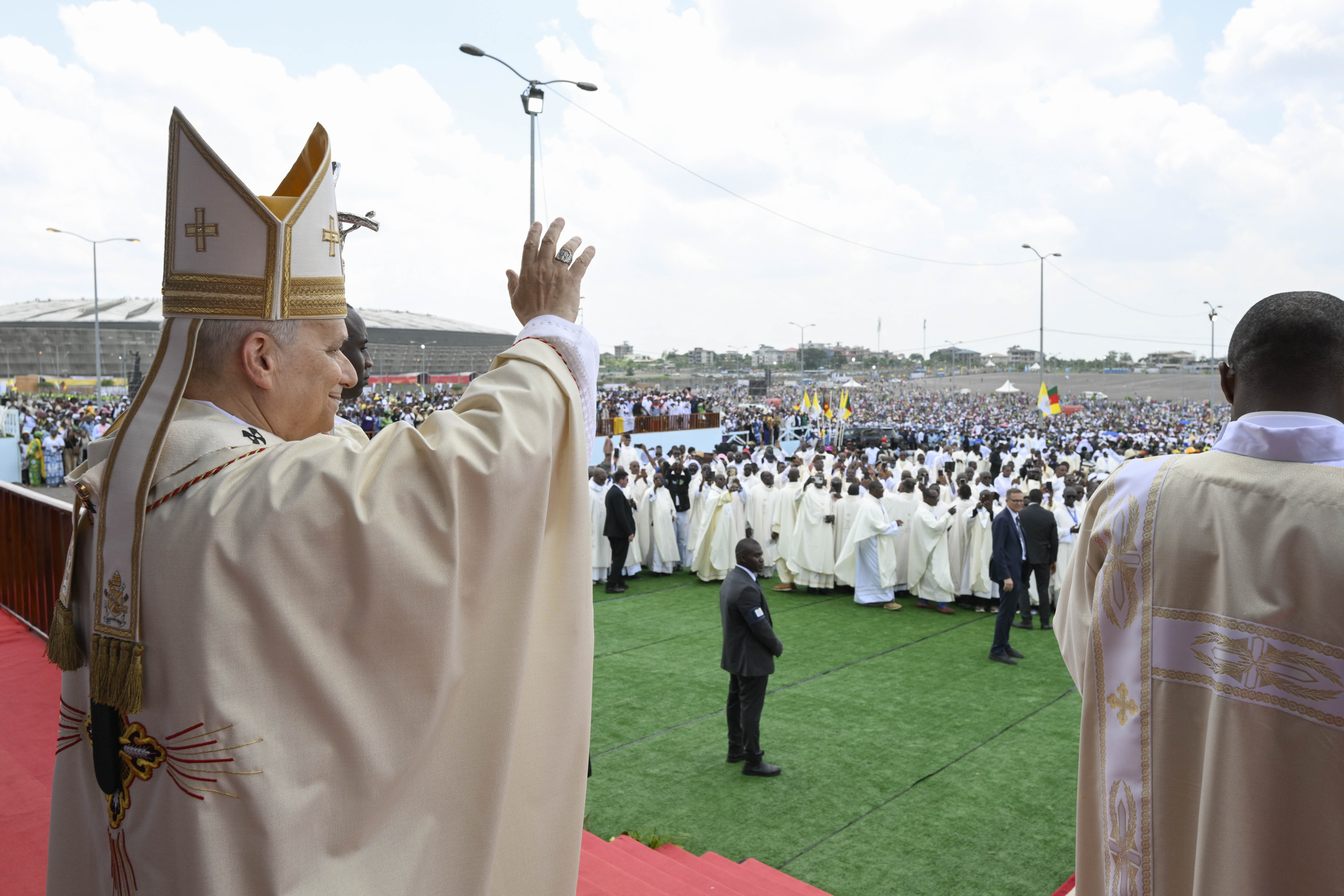 Pope Leo XIV greets clergy and thousands of faithful at Japoma Stadium in Douala, Cameroon, on Friday, April 17, 2026. | Credit: Vatican Media