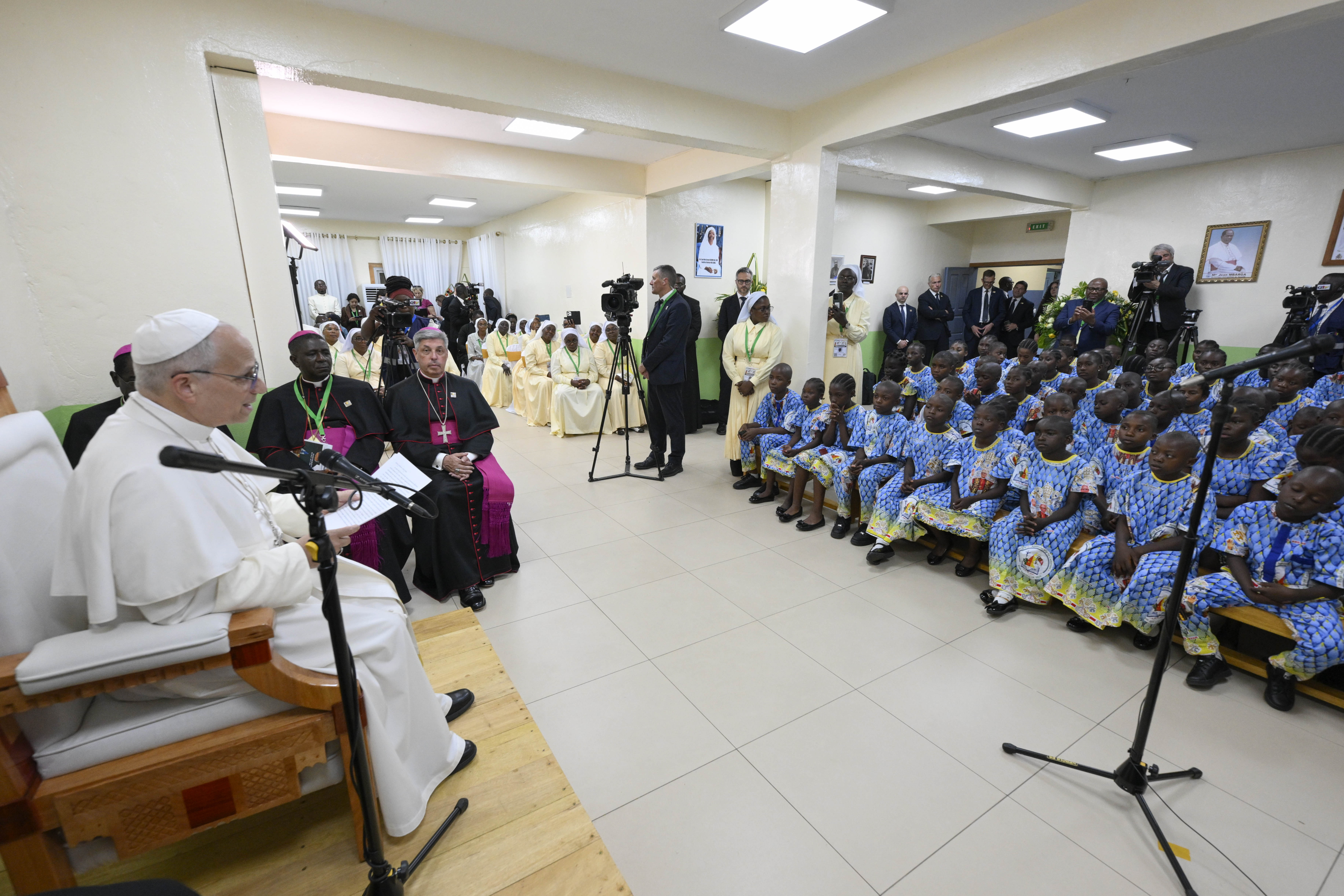 Pope Leo XIV speaks to children at the Ngul Zamba Orphanage in Yaoundé, Wednesday, April 15, 2026. | Credit: Vatican Media