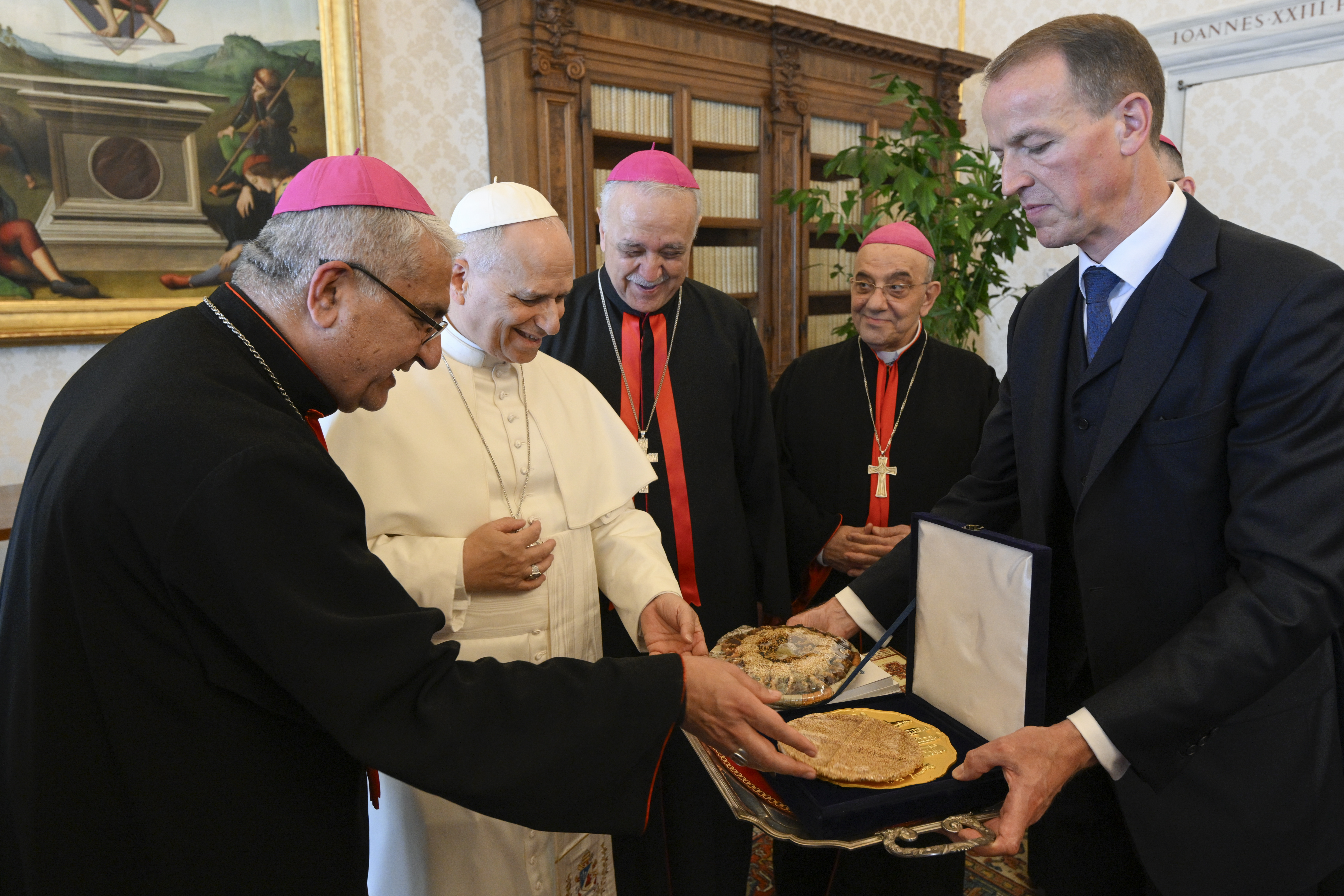 Pope Leo XIV greets Chaldean Catholic bishops during an audience at the Vatican on April 10, 2026. | Credit: Vatican Media