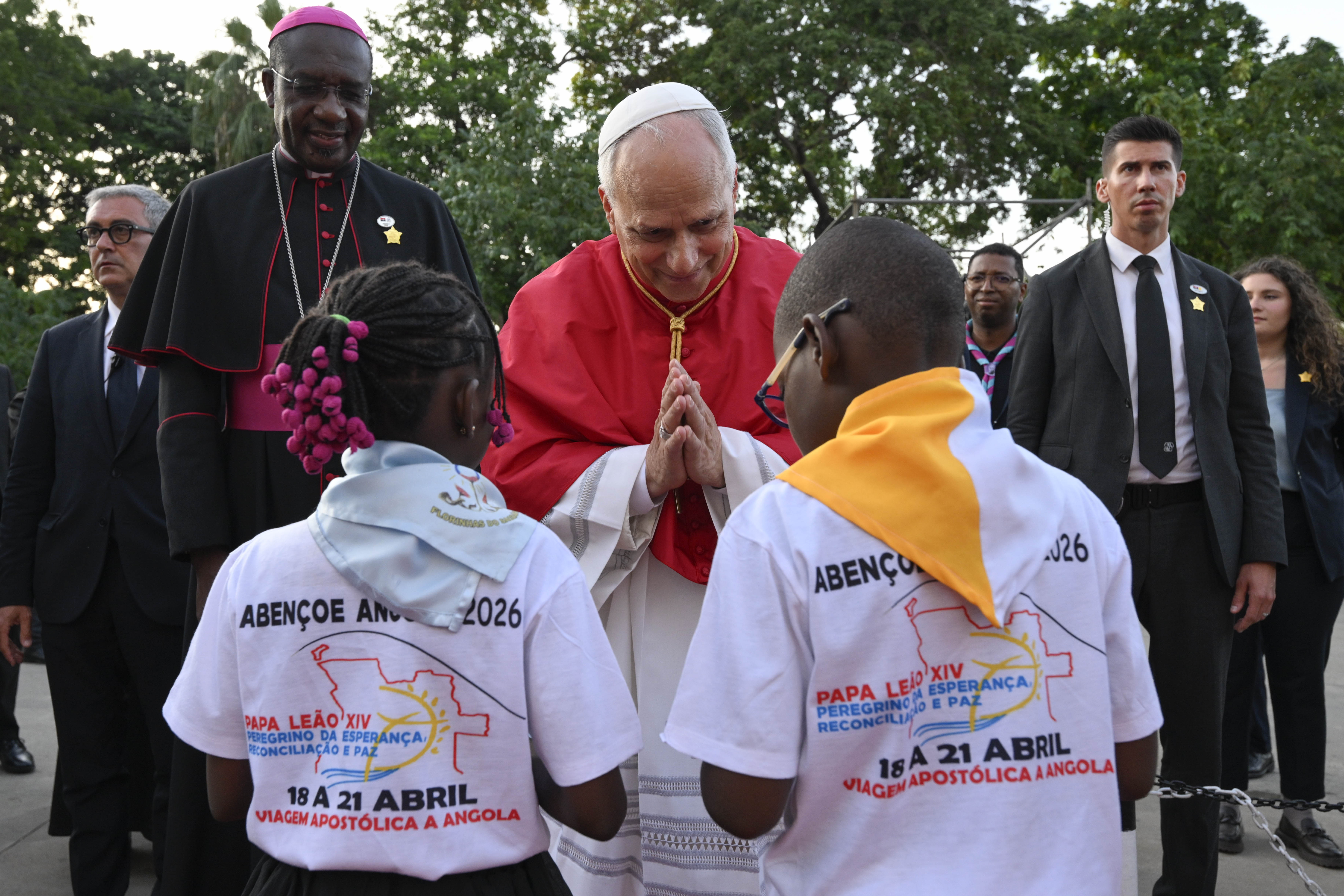 Pope Leo XIV greets young people outside of the Parish of Our Lady of Fátima in Luanda, Angola, on April 20, 2026. | Credit: Vatican Media