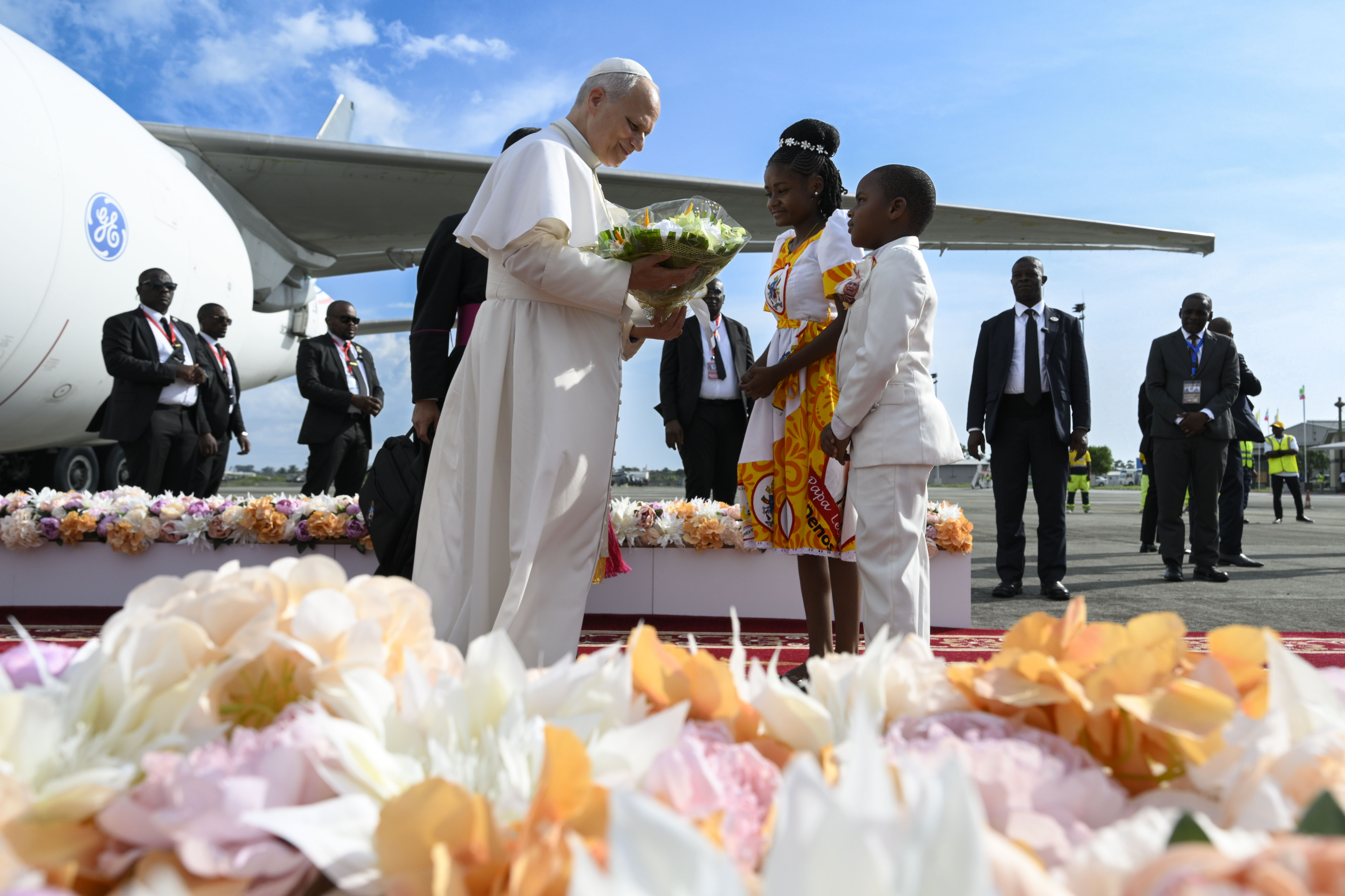 Pope Leo XIV is greeted upon his arrival in Bata, Equatorial Guinea, Wednesday, April 22, 2026. | Credit: Vatican Media