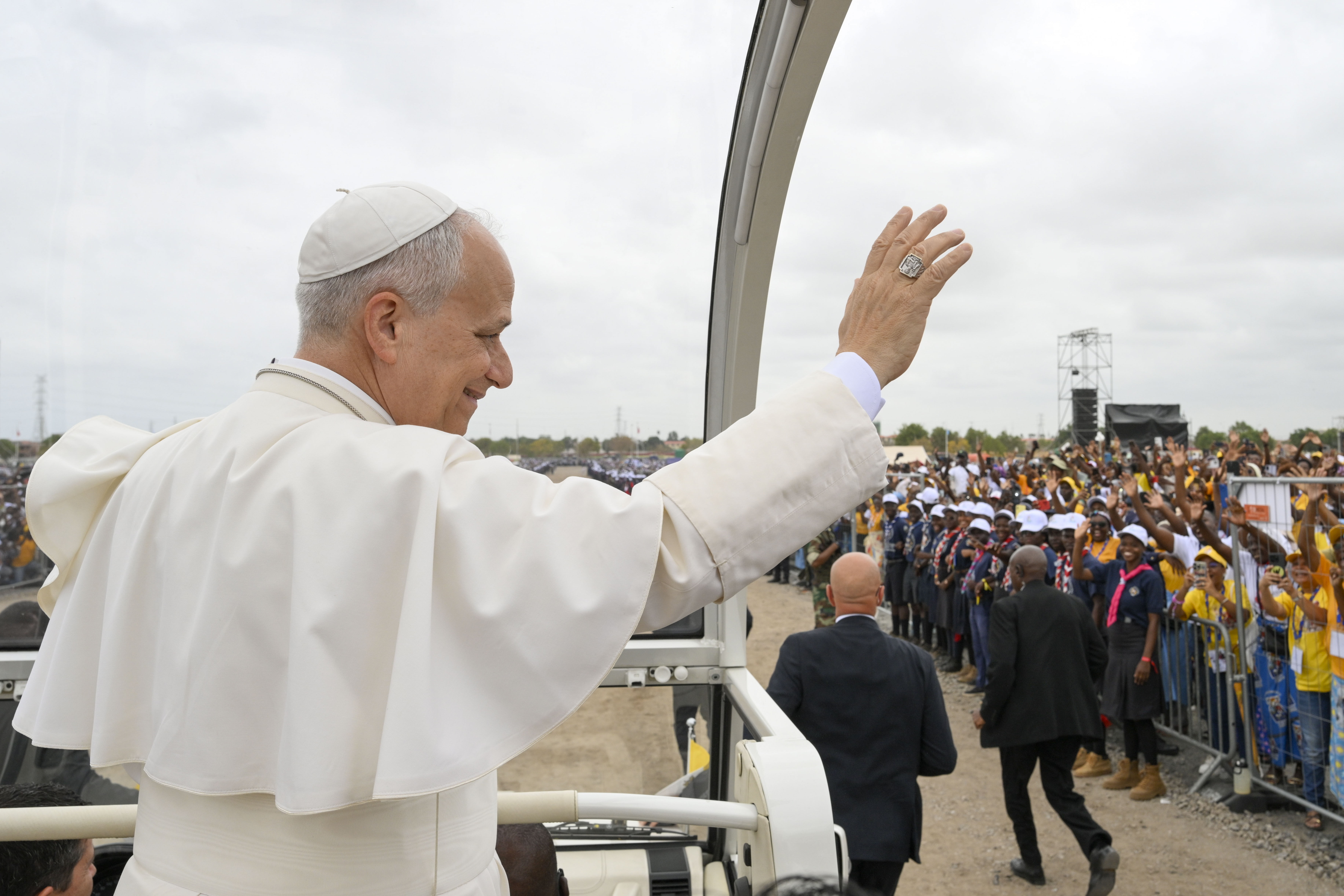 Pope Leo XIV waves to crowds gathered before Mass in Kilamba, Angola, on April 19, 2026. | Credit: Vatican Media
