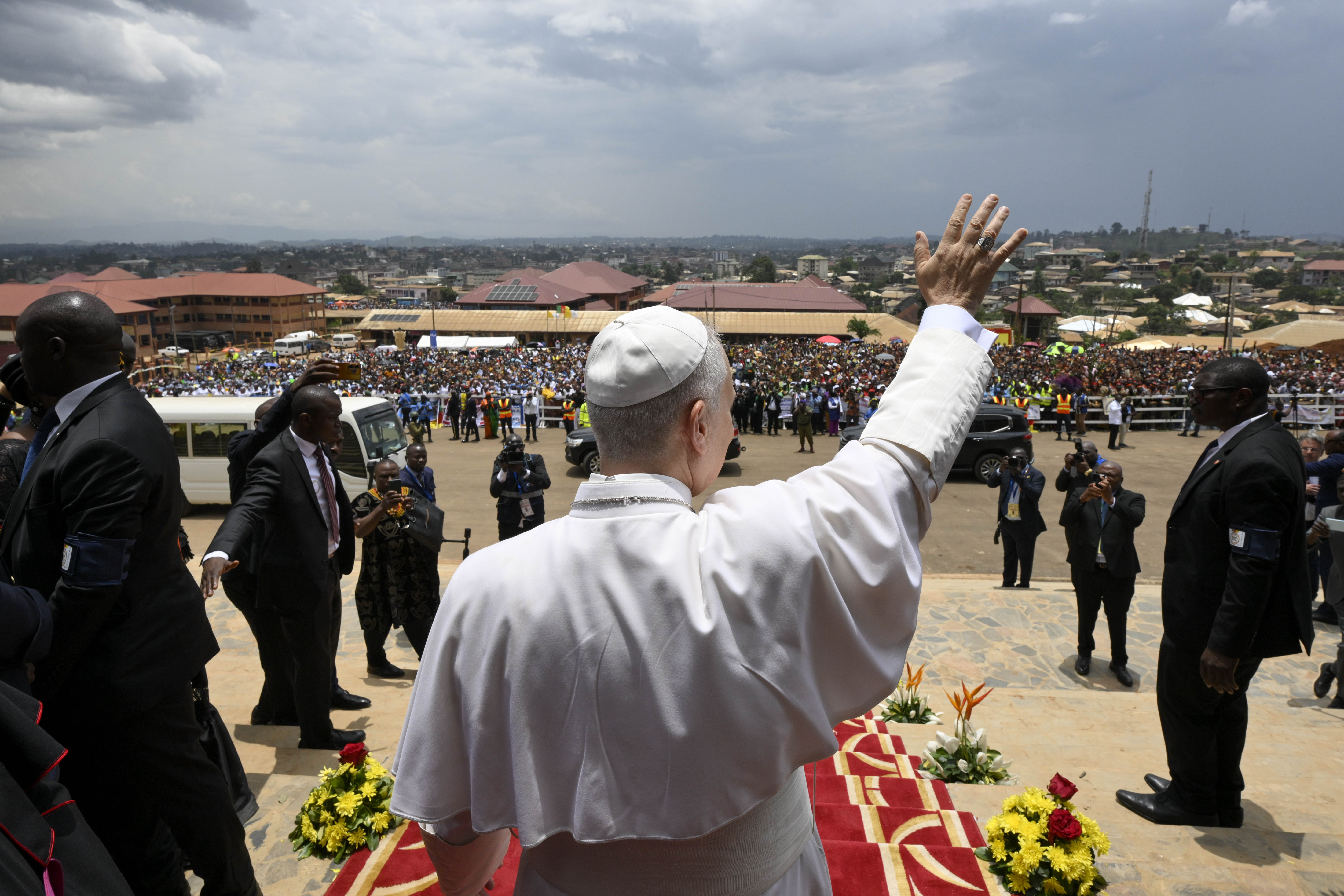 Pope Leo XIV waves outside of St. Joseph Cathedral in Bamenda, Cameroon, on Thursday, April 16, 2026. | Credit: Vatican Media