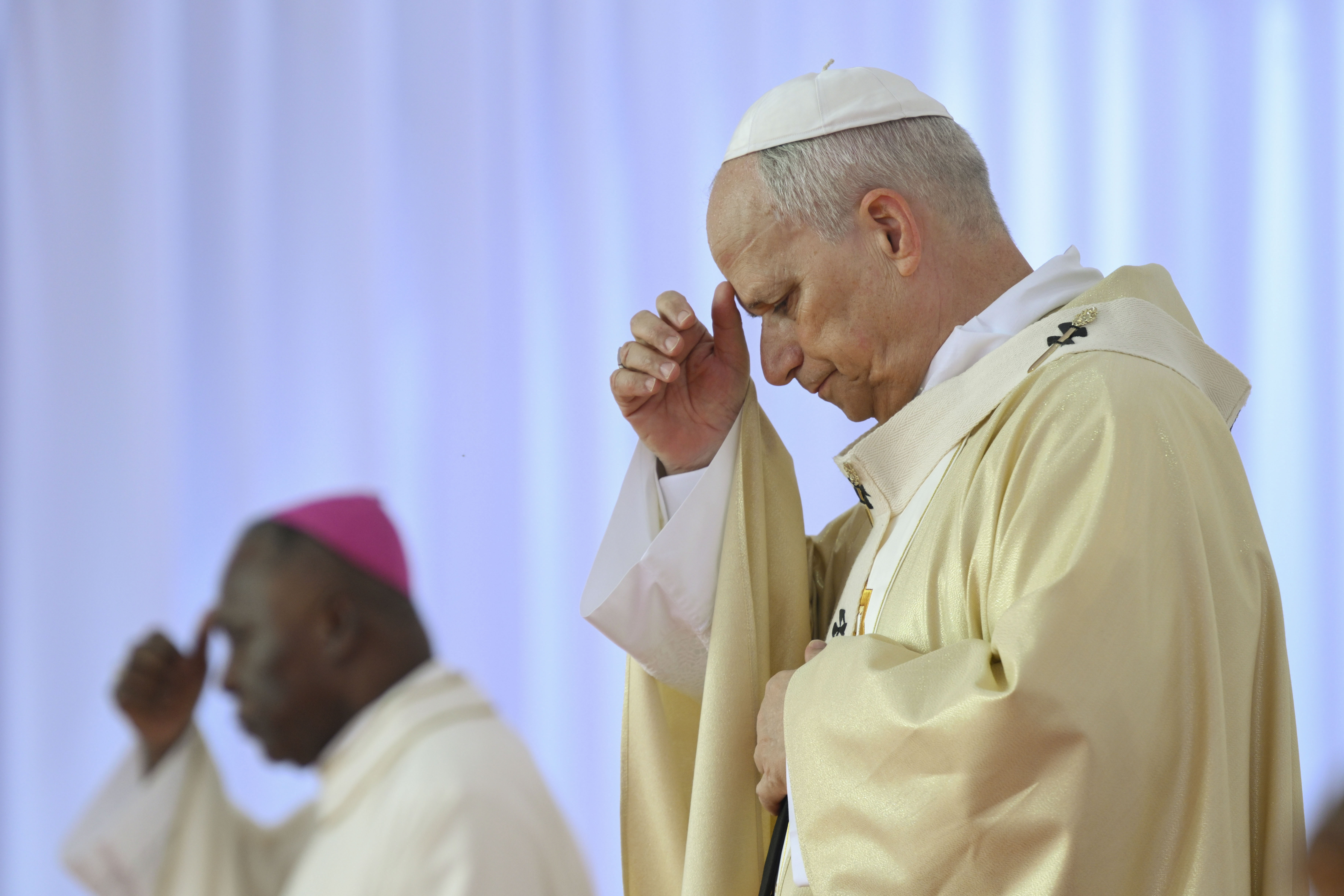 Pope Leo XIV makes the sign of the cross at the beginning of Mass in Kilamba, Angola, on April 19, 2026. | Credit: Vatican Media