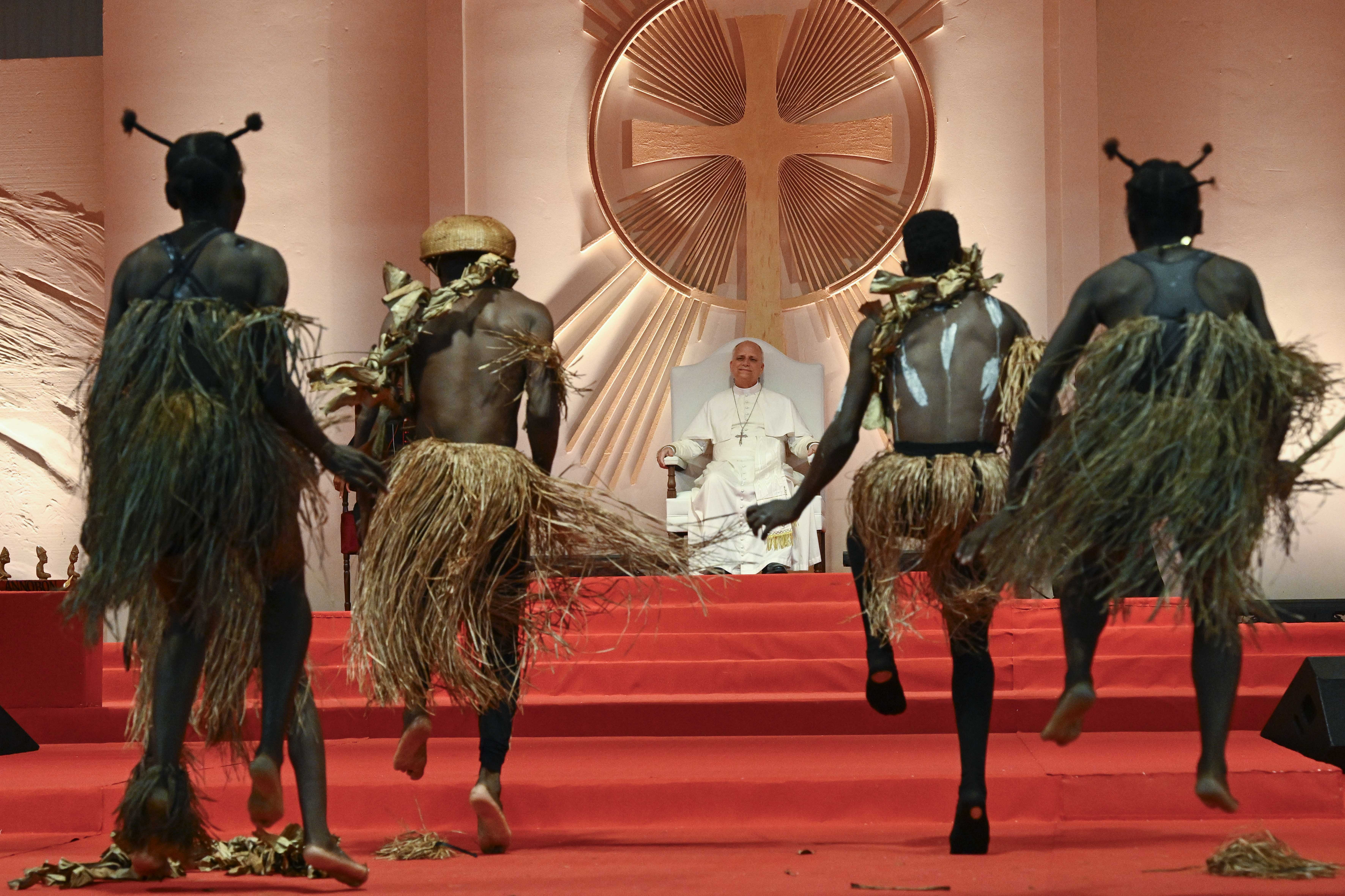 Dancers put on a show for Pope Leo XIV during a meeting with families at Bata Stadium in Equatorial Guinea, Wednesday, April 22, 2026. | Credit: Vatican Media