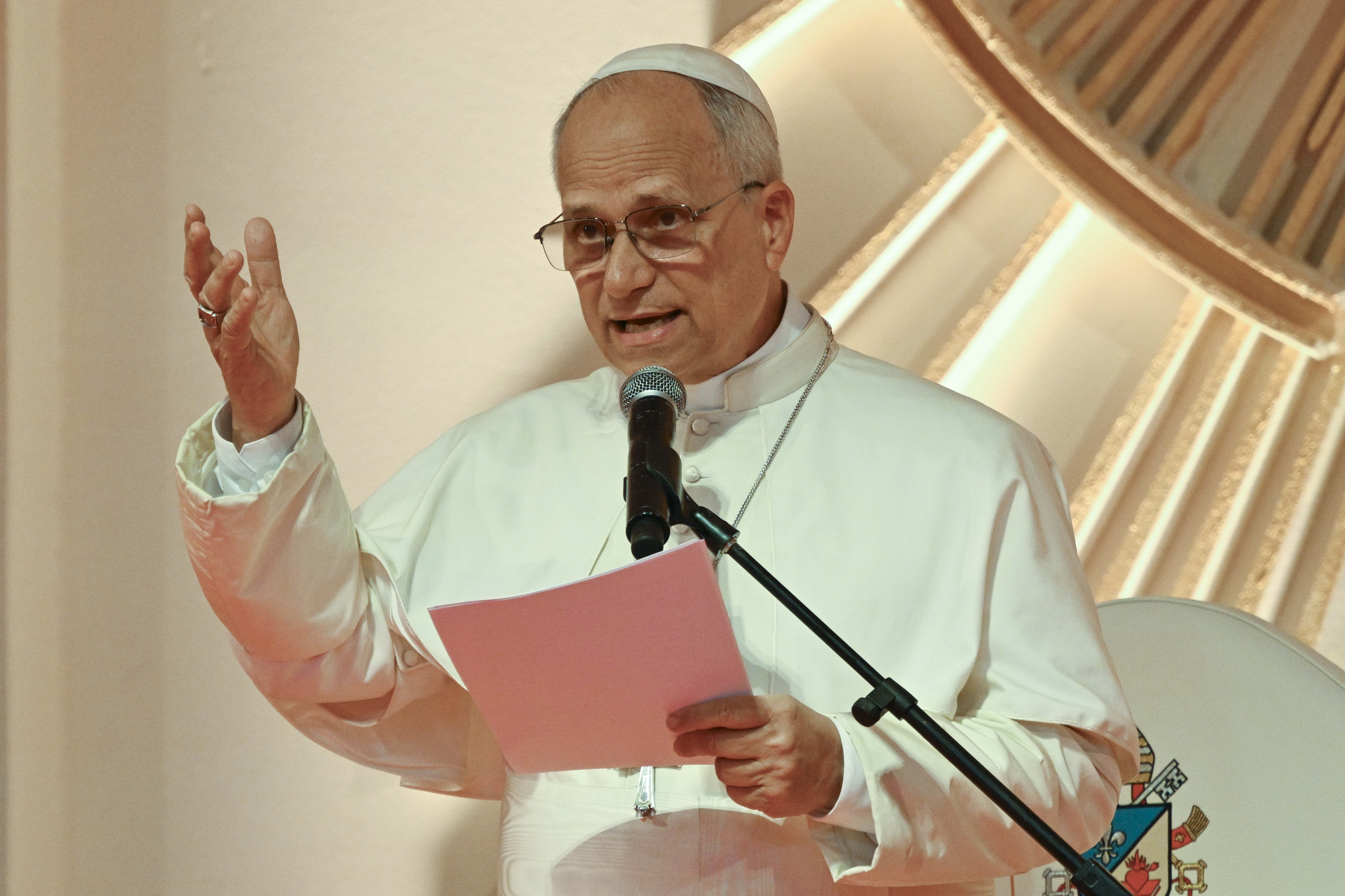 Pope Leo XIV speaks while meeting with families at Bata Stadium in Equatorial Guinea, Wednesday, April 22, 2026. | Credit: Vatican Media