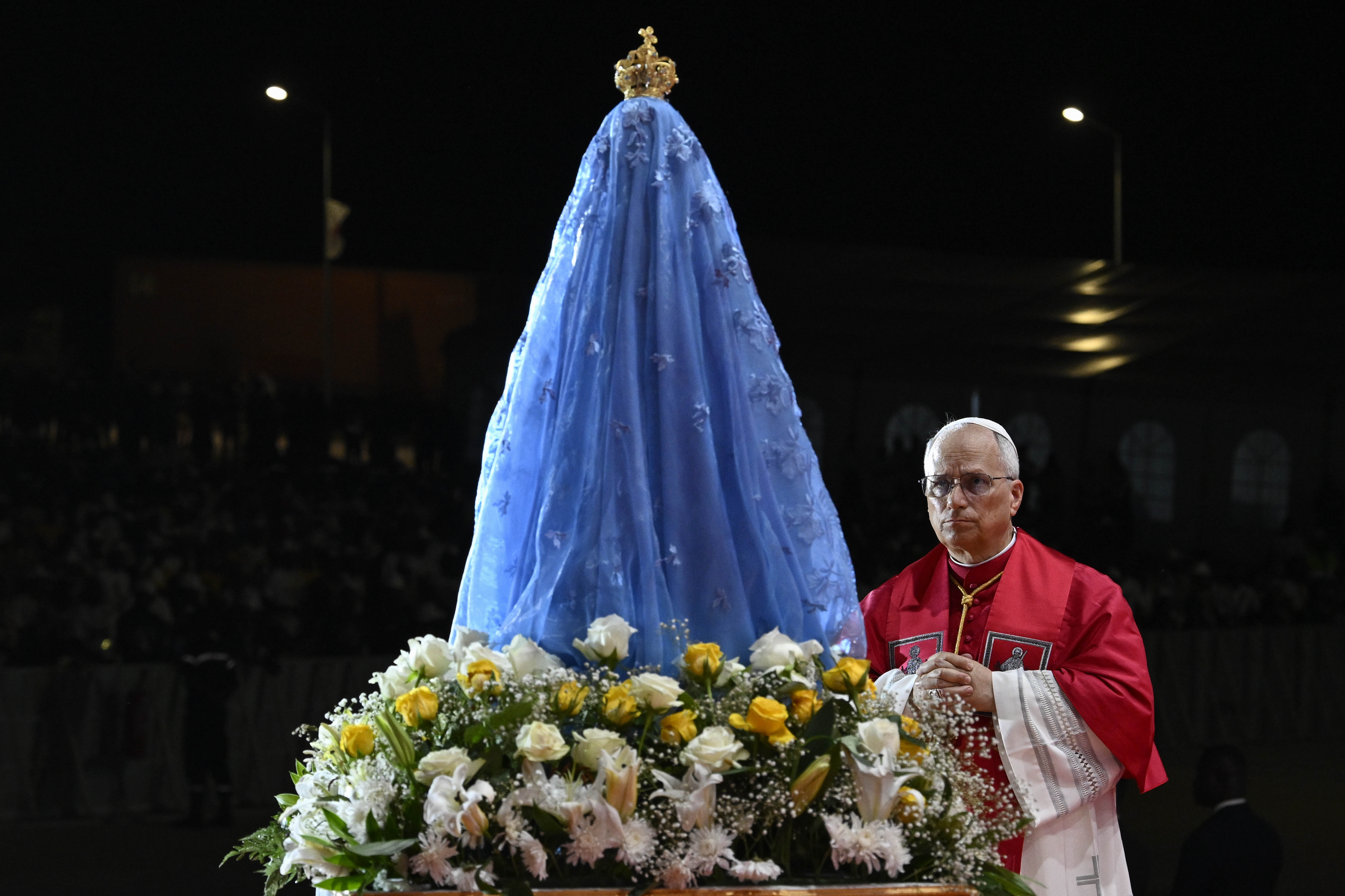 Pope Leo XIV prays at the Marian shrine of Mama Muxima in Kimbaxe, Angola, on April 19, 2026. | Credit: Vatican Media