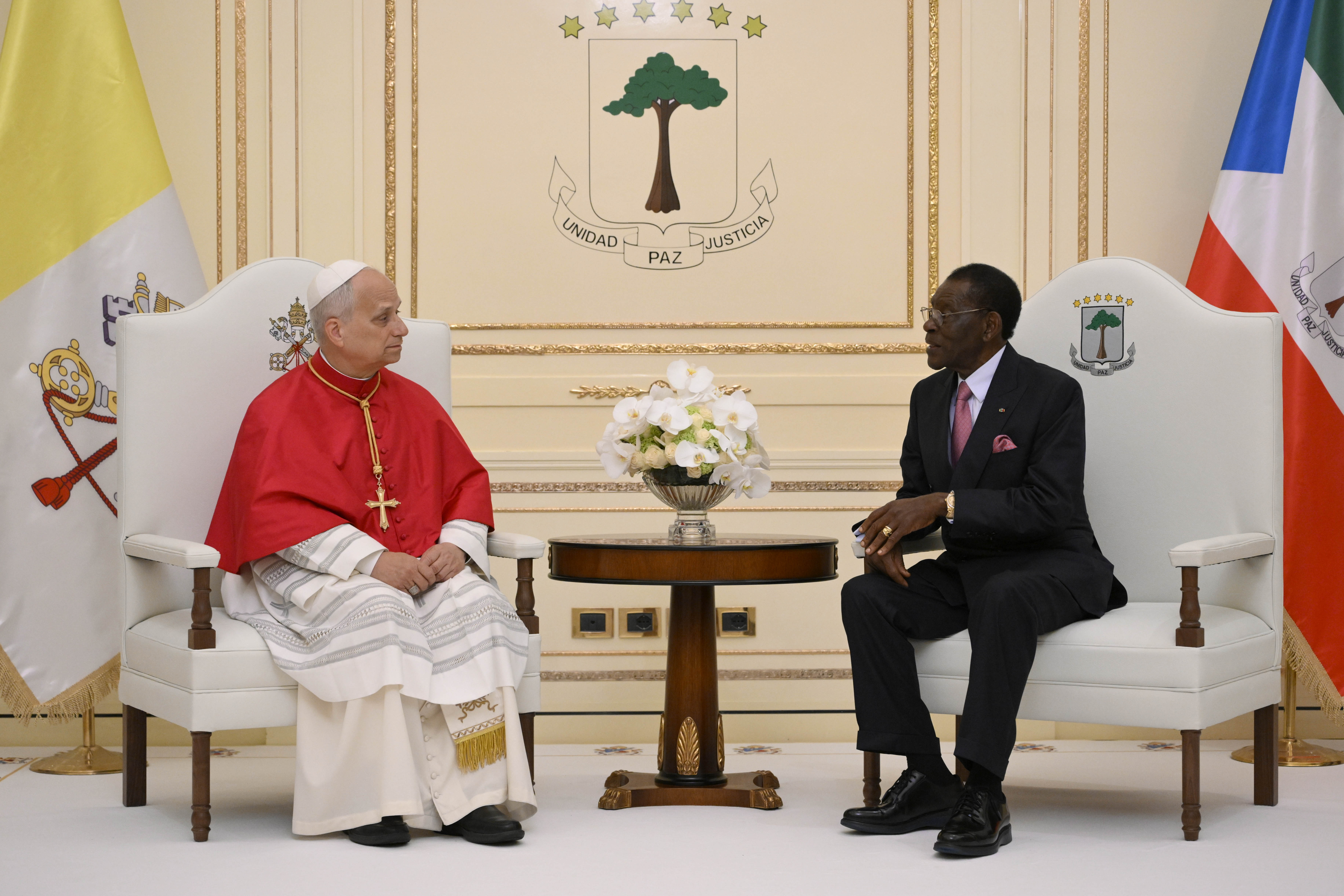 Pope Leo XIV and Equatorial Guinea President Teodoro Obiang Nguema Mbasogo speak at the country’s presidential palace on Tuesday, April 21, 2026. | Credit: Vatican Media