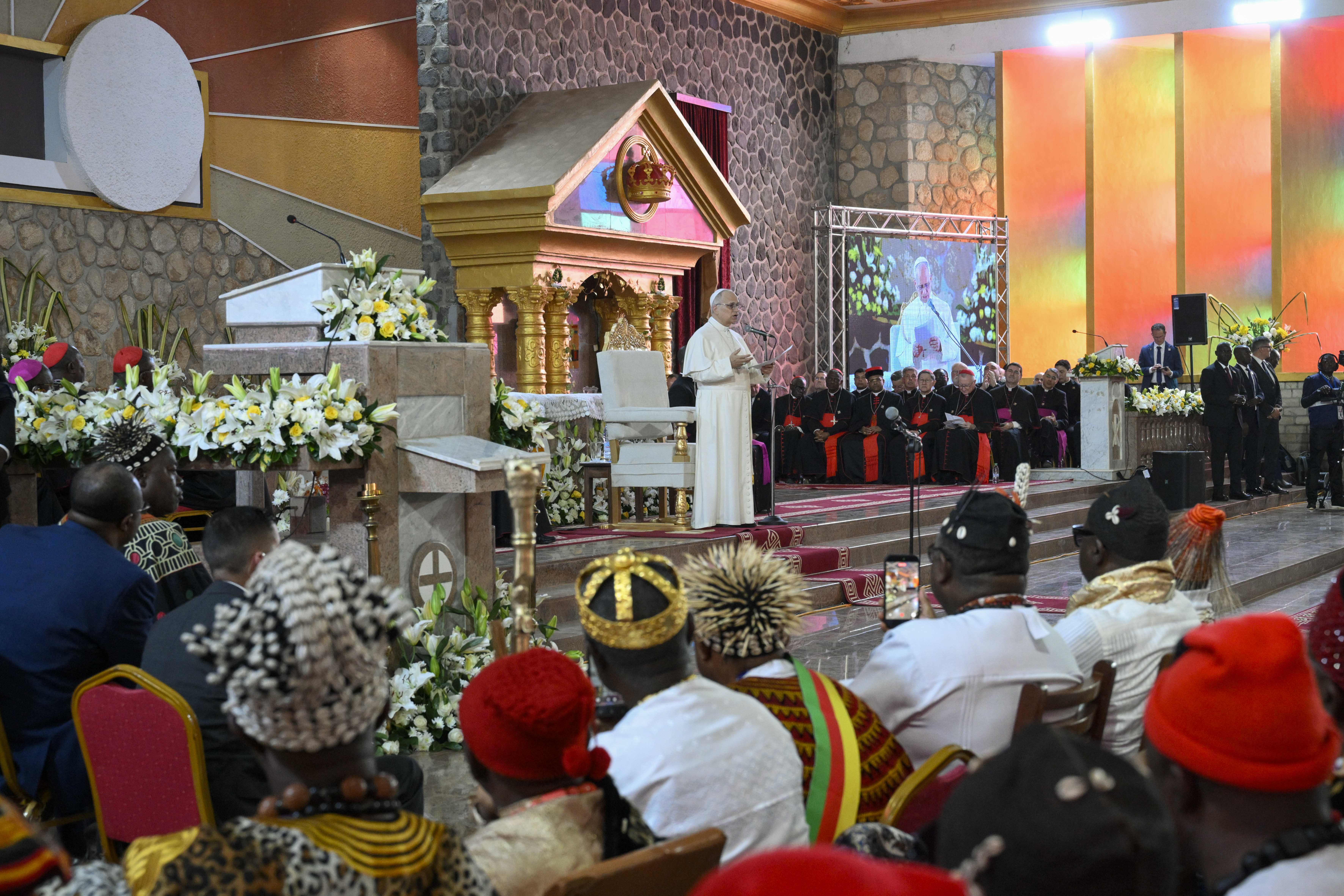Pope Leo XIV leads a meeting for peace and reconciliation at St. Joseph Cathedral in Bamenda, Cameroon, on Thursday, April 16, 2026. | Credit: Vatican Media