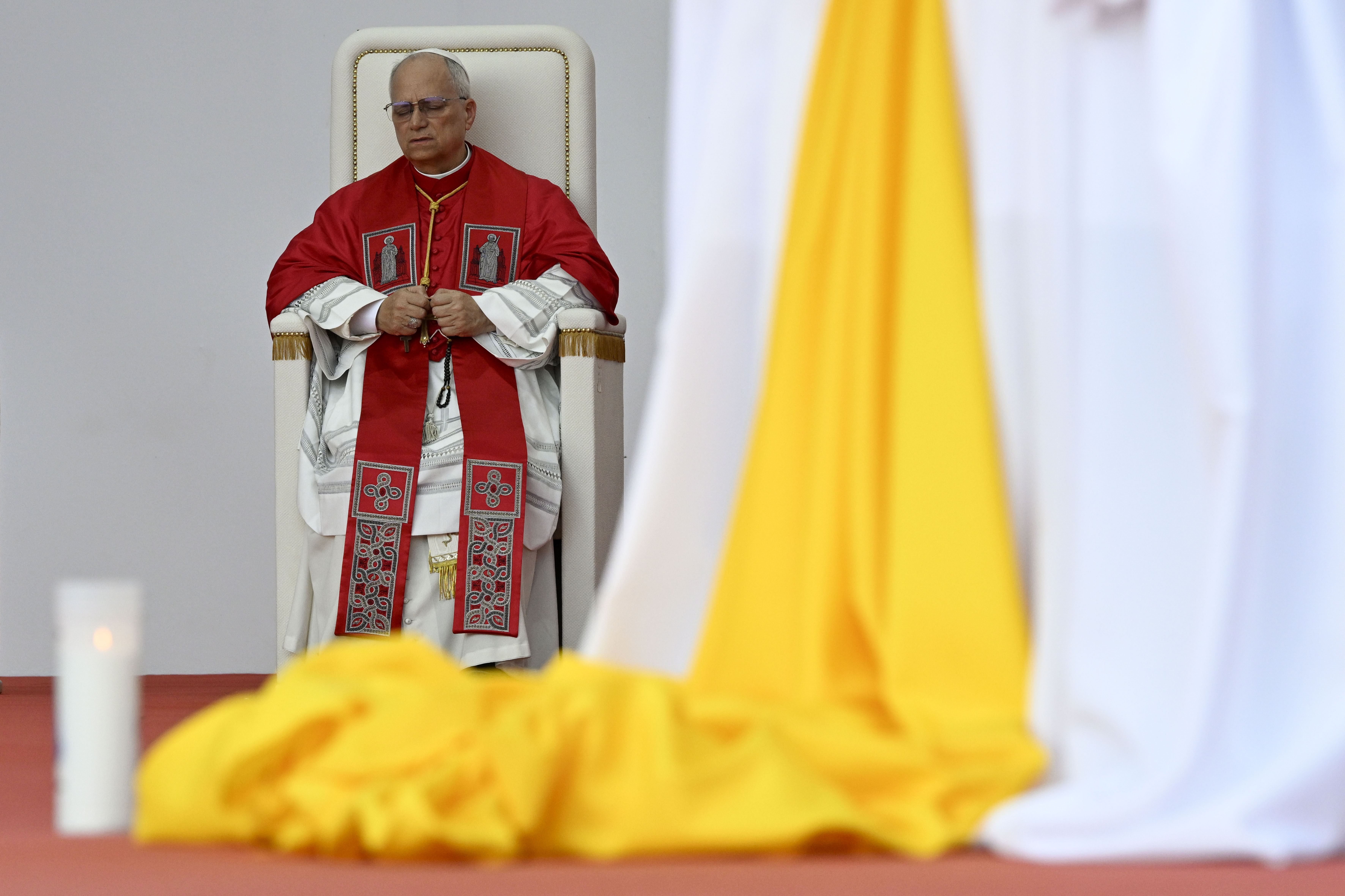 Pope Leo XIV leads the rosary at the Marian shrine of Mama Muxima in Kimbaxe, Angola, on April 19, 2026. | Credit: Vatican Media