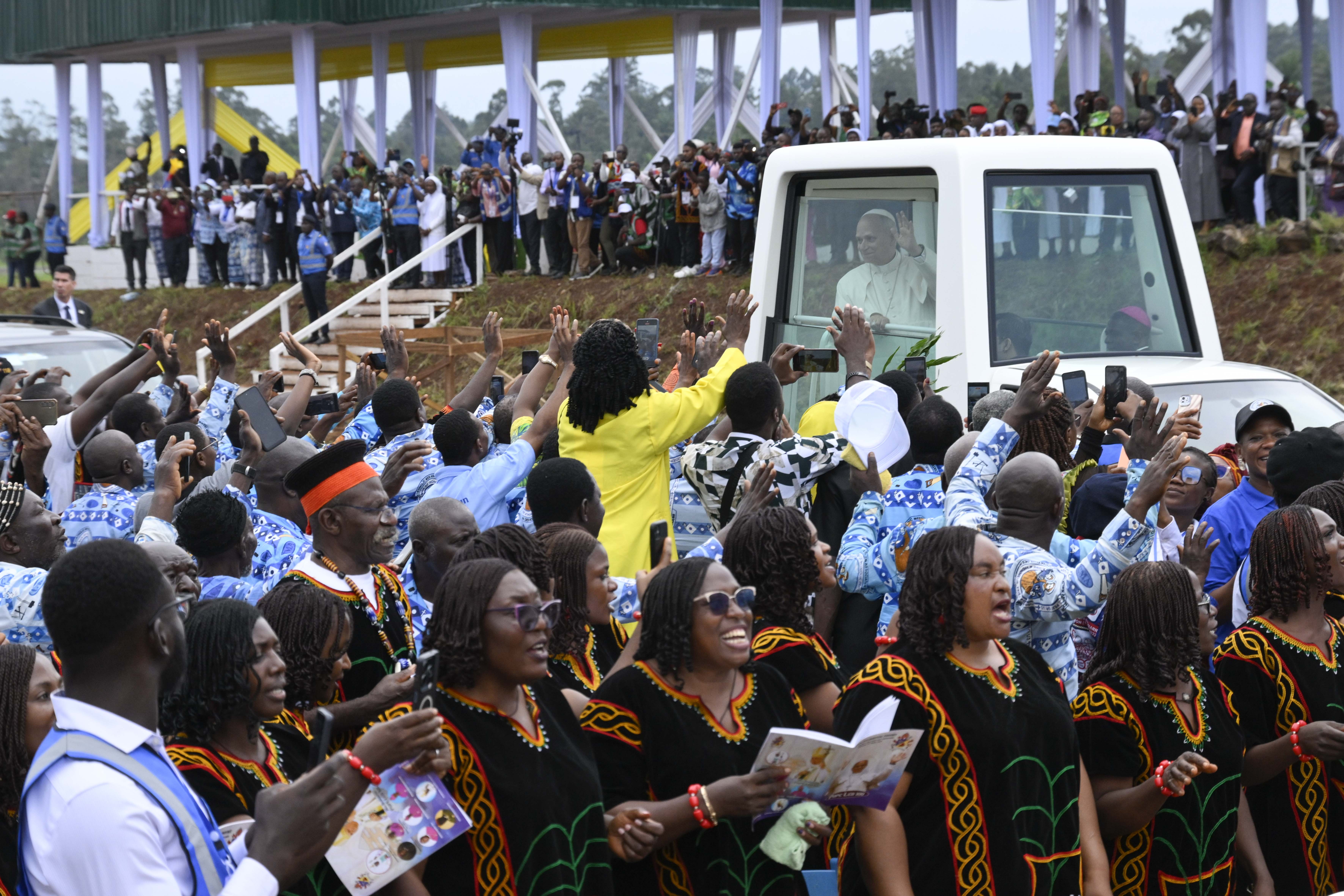 Pope Leo XIV greets Catholics at Bamenda Airport in Cameroon on Thursday, April 16, 2026. | Credit: Vatican Media