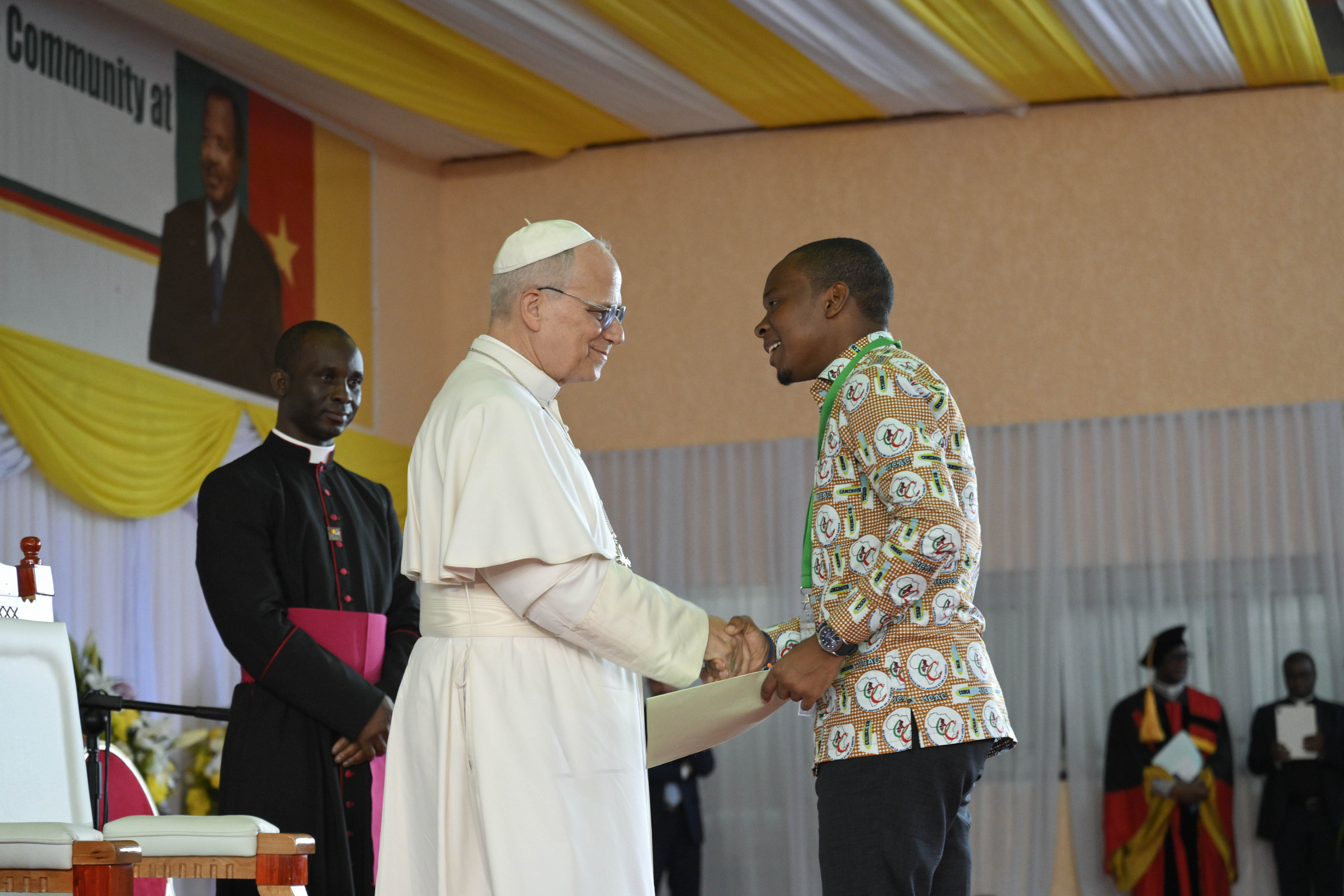 Pope Leo XIV greets a student at the Catholic University of Central Africa in Yaoundé, Cameroon, on Friday, April 17, 2026. | Credit: Vatican Media