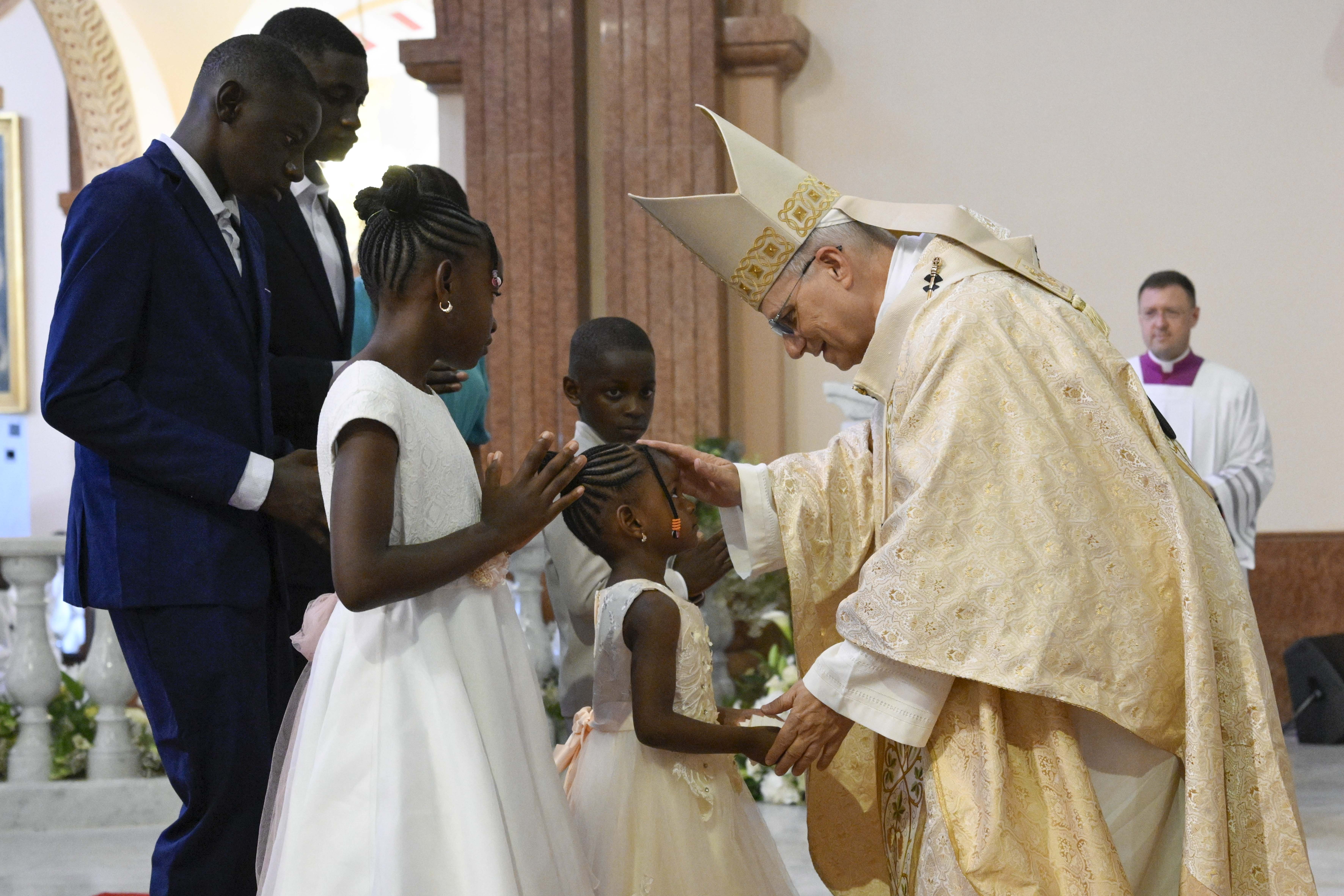 Pope Leo XIV greets Catholics during Mass at the Basilica of the Immaculate Conception in Mengomeyén, Equatorial Guinea, Wednesday, April 22, 2026. | Credit: Vatican Media