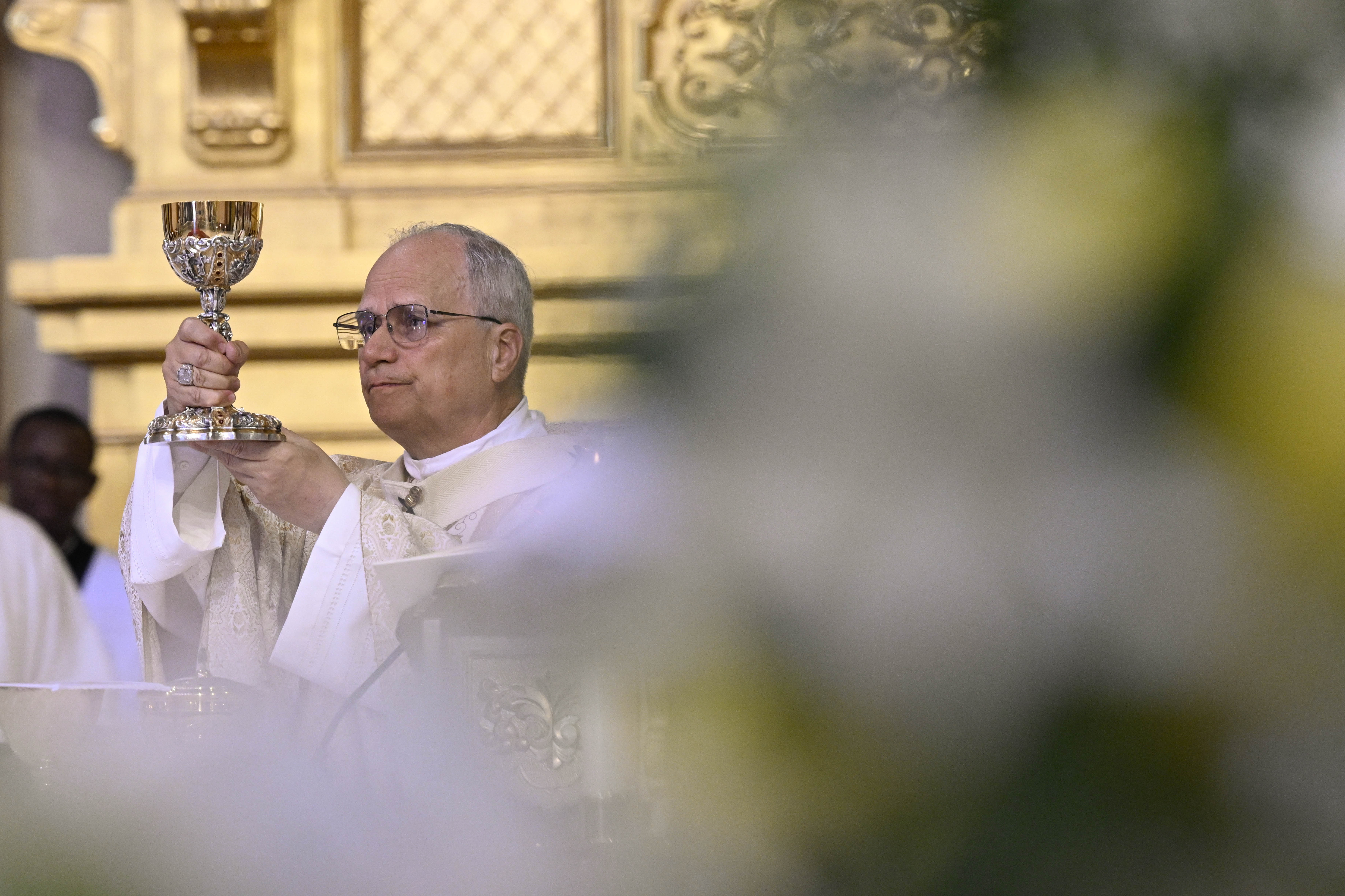 Pope Leo XIV elevates the chalice during Mass at the Basilica of the Immaculate Conception in Mengomeyén, Equatorial Guinea, Wednesday, April 22, 2026. | Credit: Vatican Media