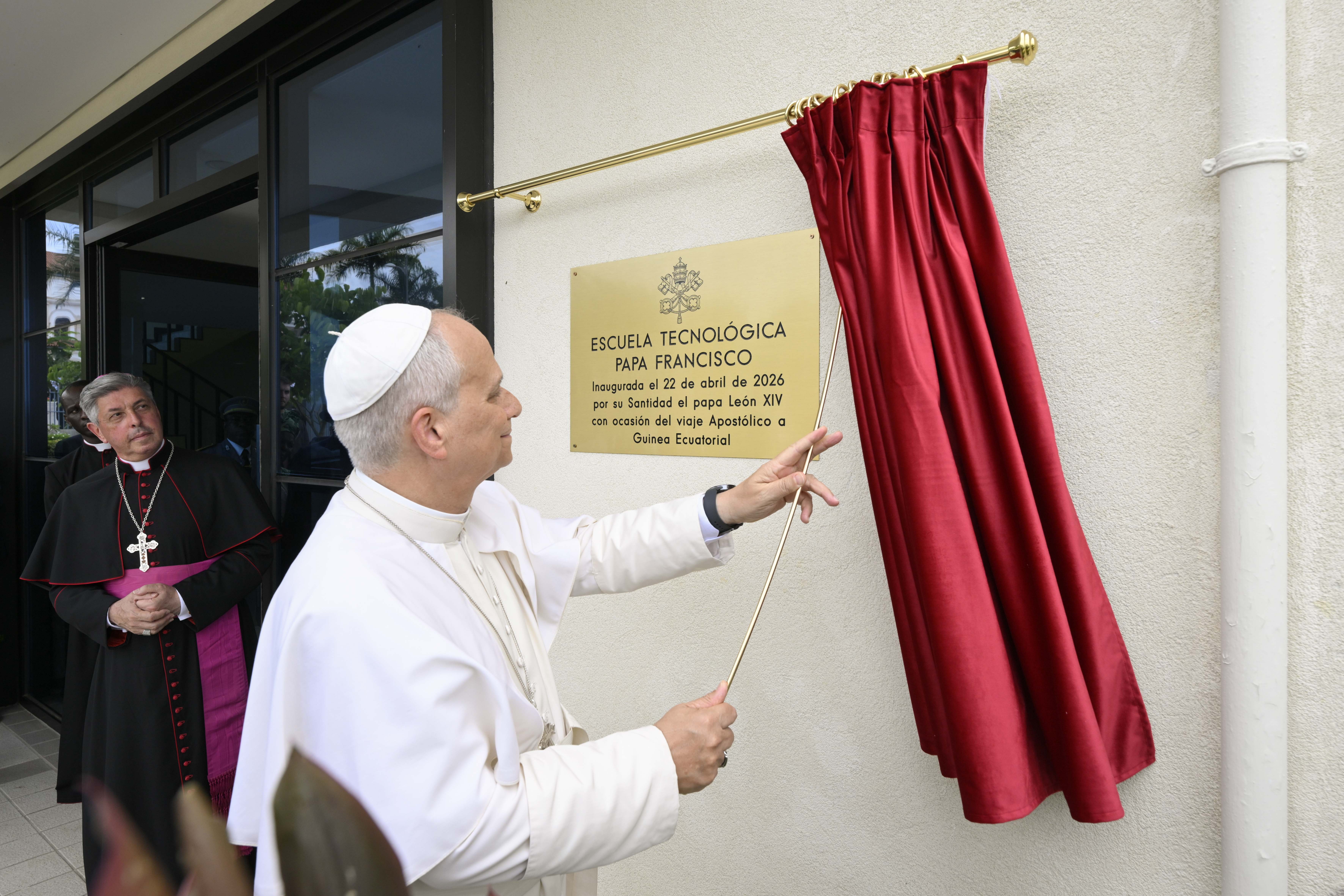 Pope Leo XIV unveils a plaque at the Pope Francis Technology School in Mengomeyén, Equatorial Guinea, Wednesday, April 22, 2026. | Credit: Vatican Media