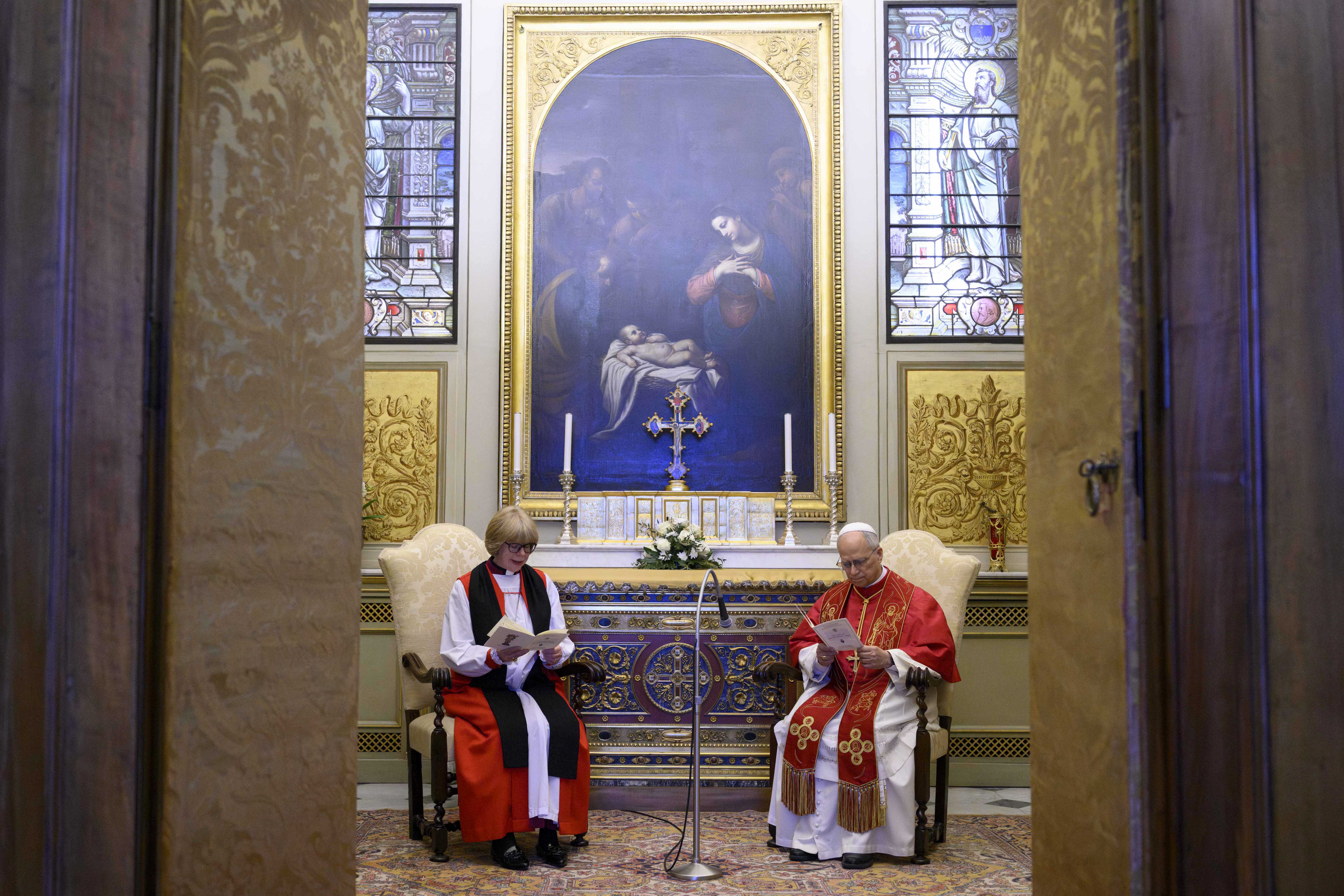 Pope Leo XIV and Archbishop of Canterbury Sarah Mullally pray the Liturgy of the Hours together in the Urban VIII Chapel of the Apostolic Palace on April 27, 2026. | Credit: Vatican Media