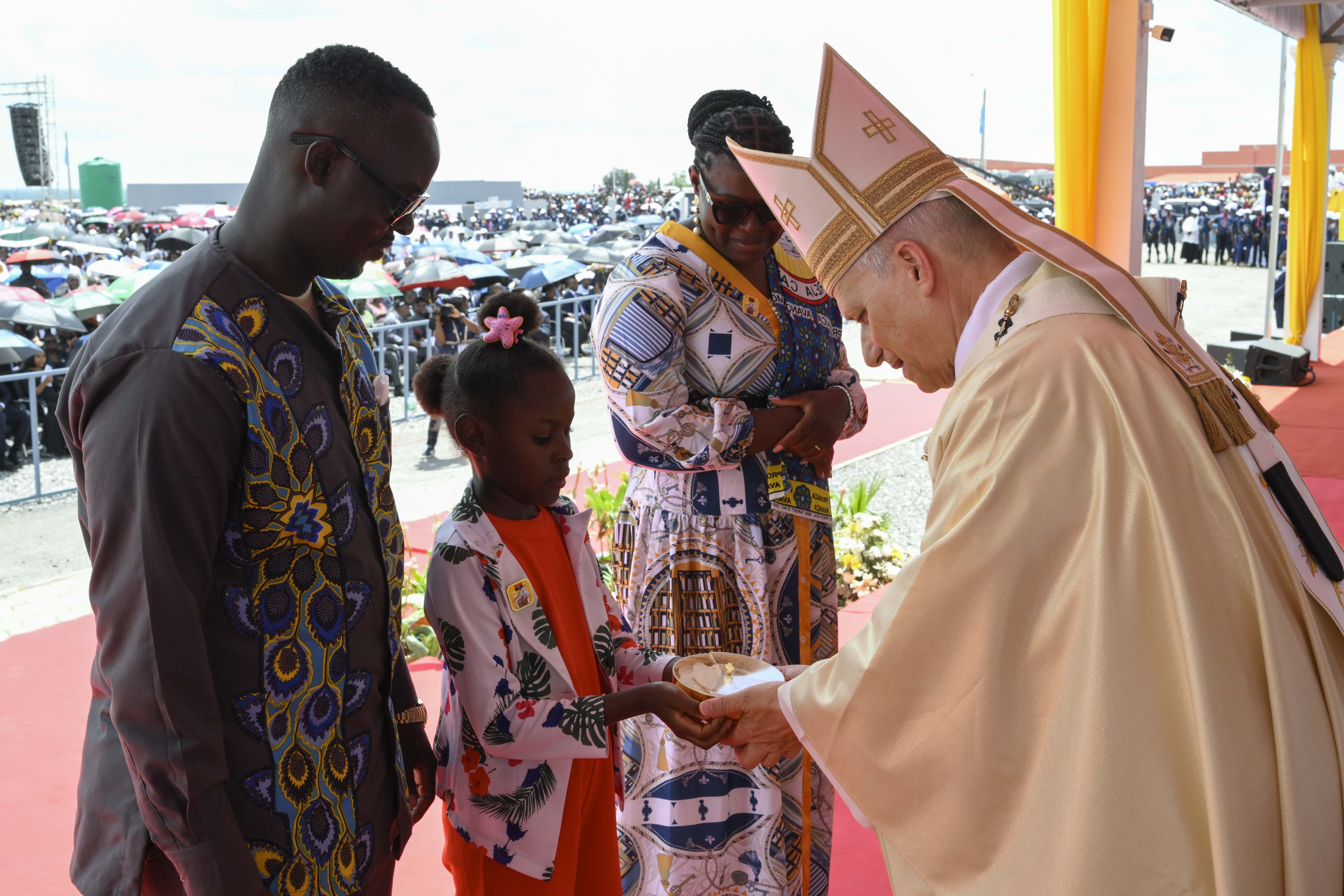 Pope Leo XIV receives the offerings during the presentation of the gifts at Mass in Saurimo, Angola, on April 20, 2026. | Credit: Vatican Media