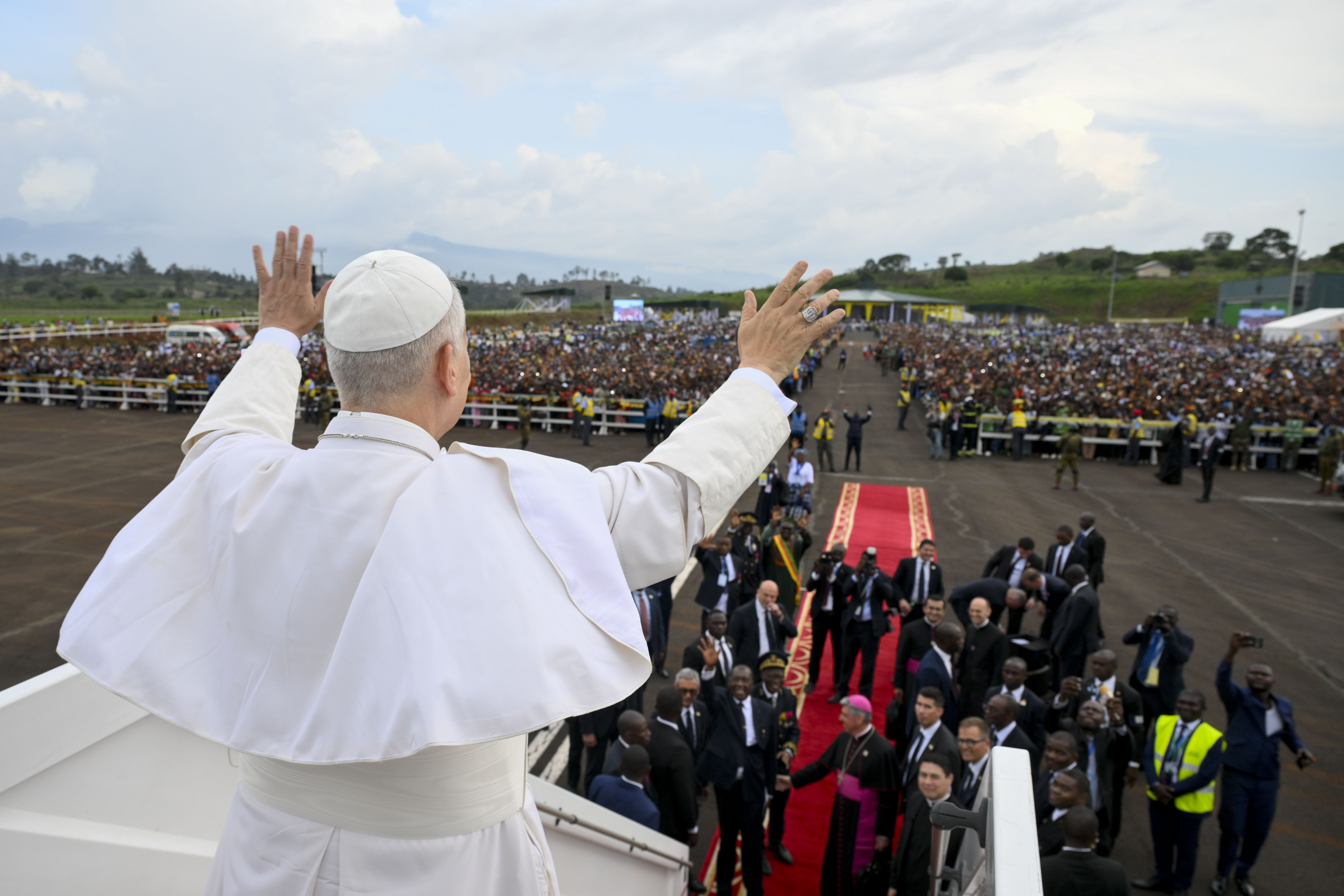 Pope Leo XIV waves to crowds while departing Bamenda, Cameroon, on Thursday, April 16, 2026. | Credit: Vatican Media