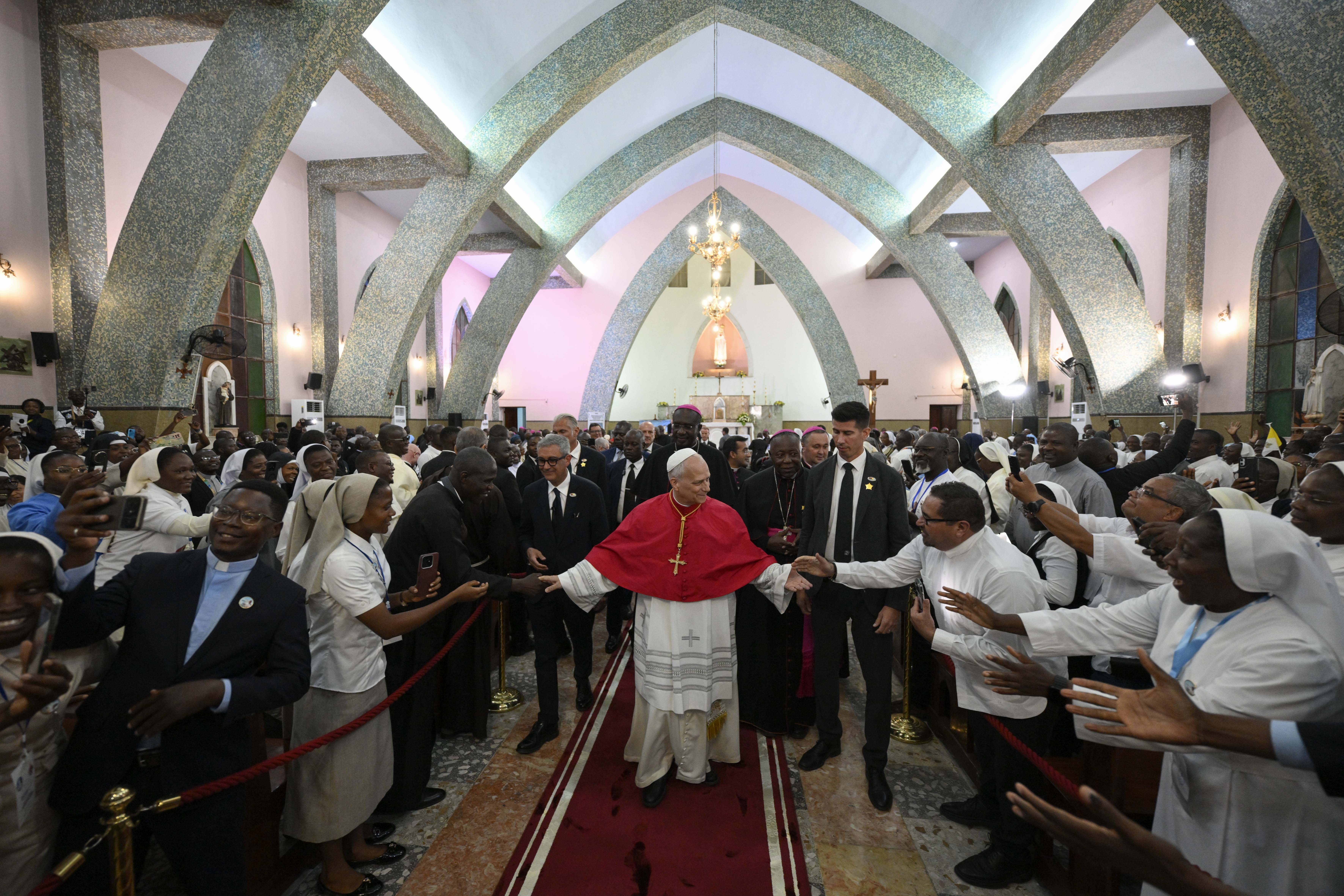 Pope Leo XIV greets the faithful during his visit to the Parish of Our Lady of Fátima in Luanda, Angola, on April 20, 2026. | Credit: Vatican Media